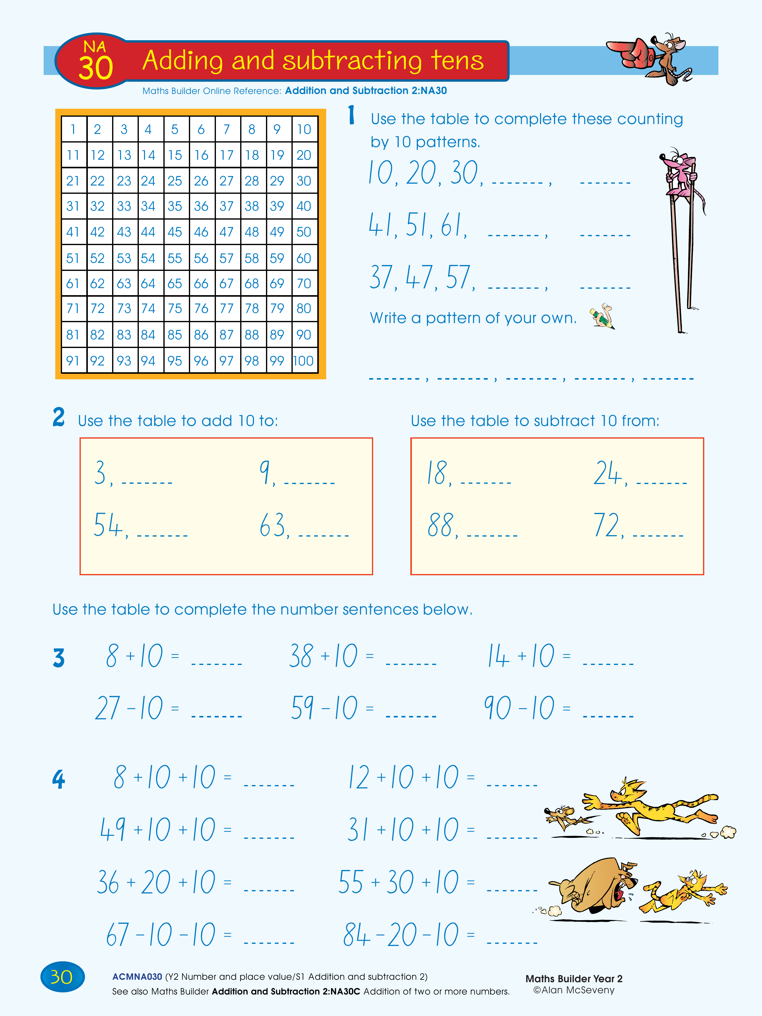 Adding and subtracting tens — worksheet preview