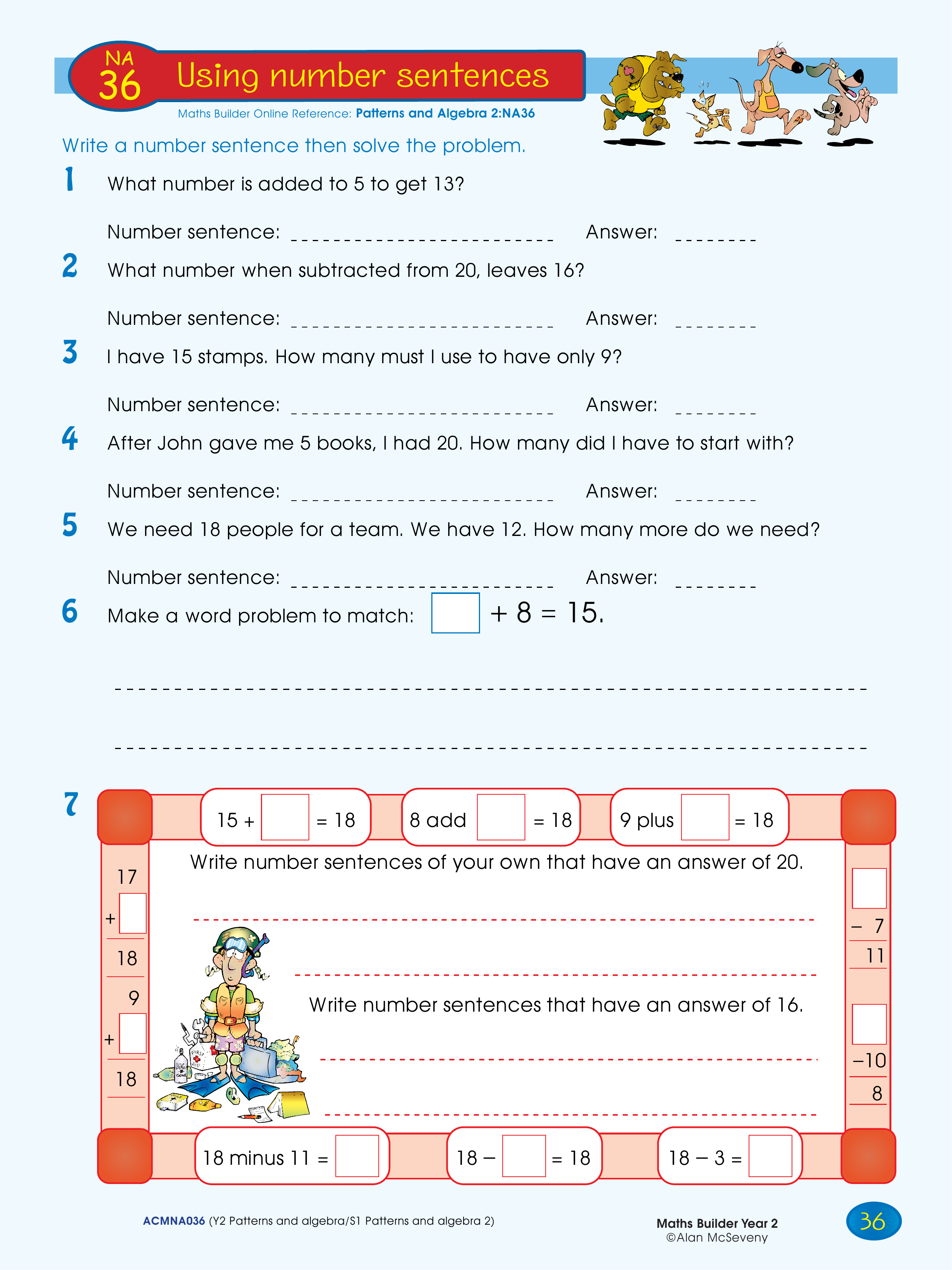 Using number sentences — worksheet preview