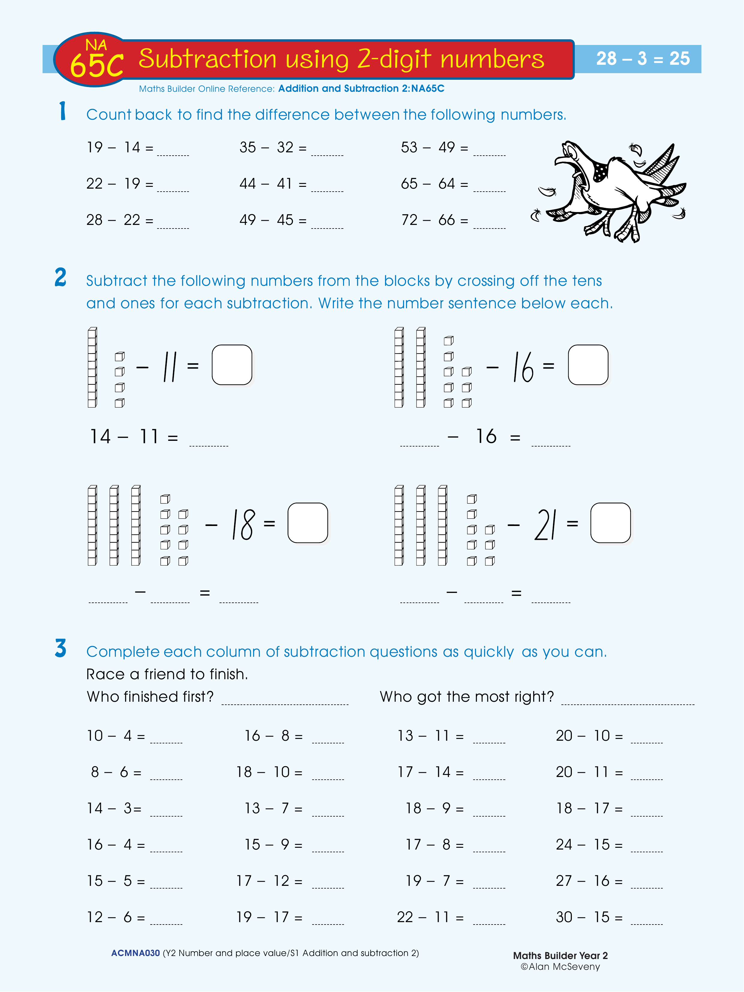 Subtraction using 2-digit numbers — worksheet preview