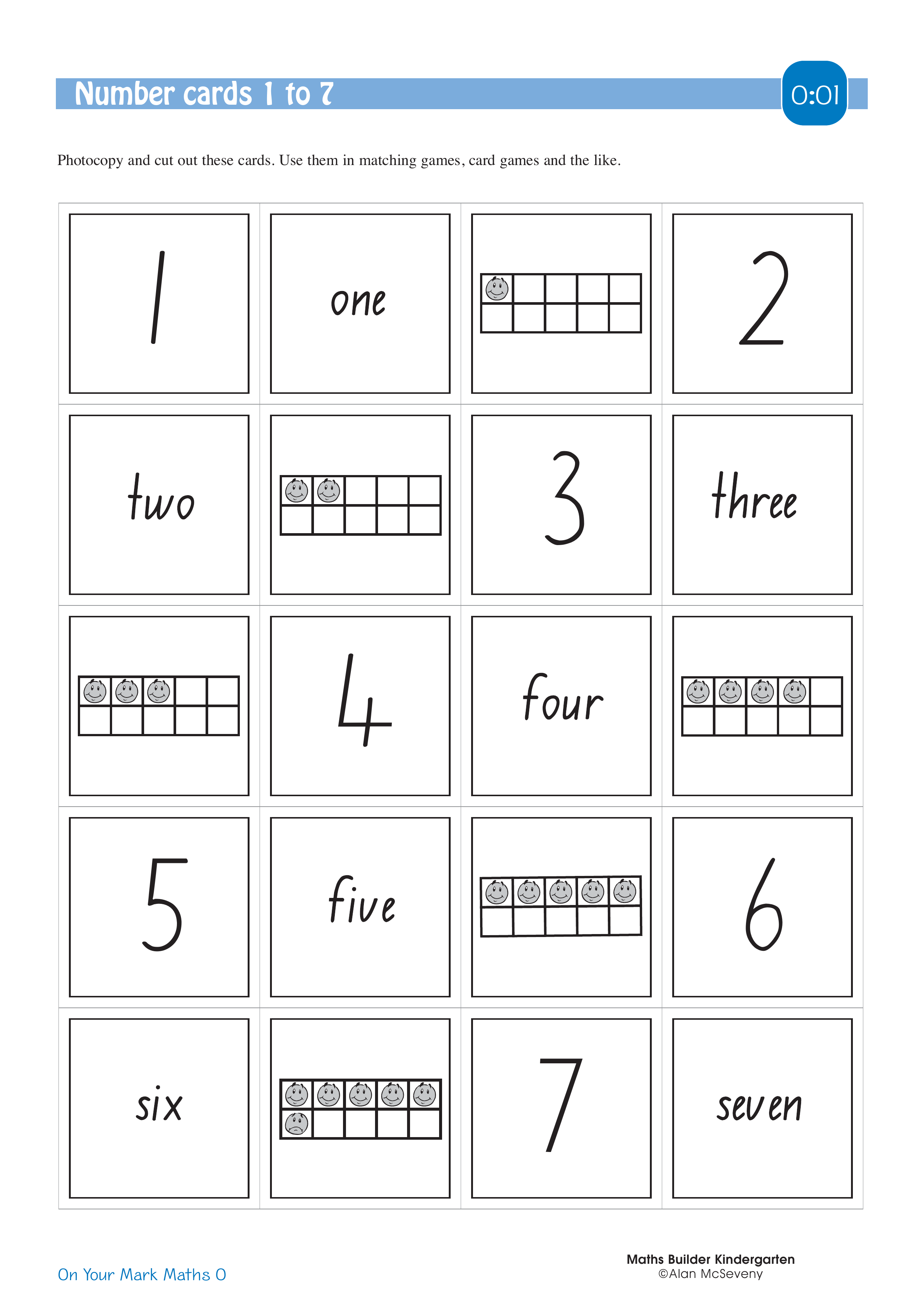 Number cards 1 to 7 — worksheet preview