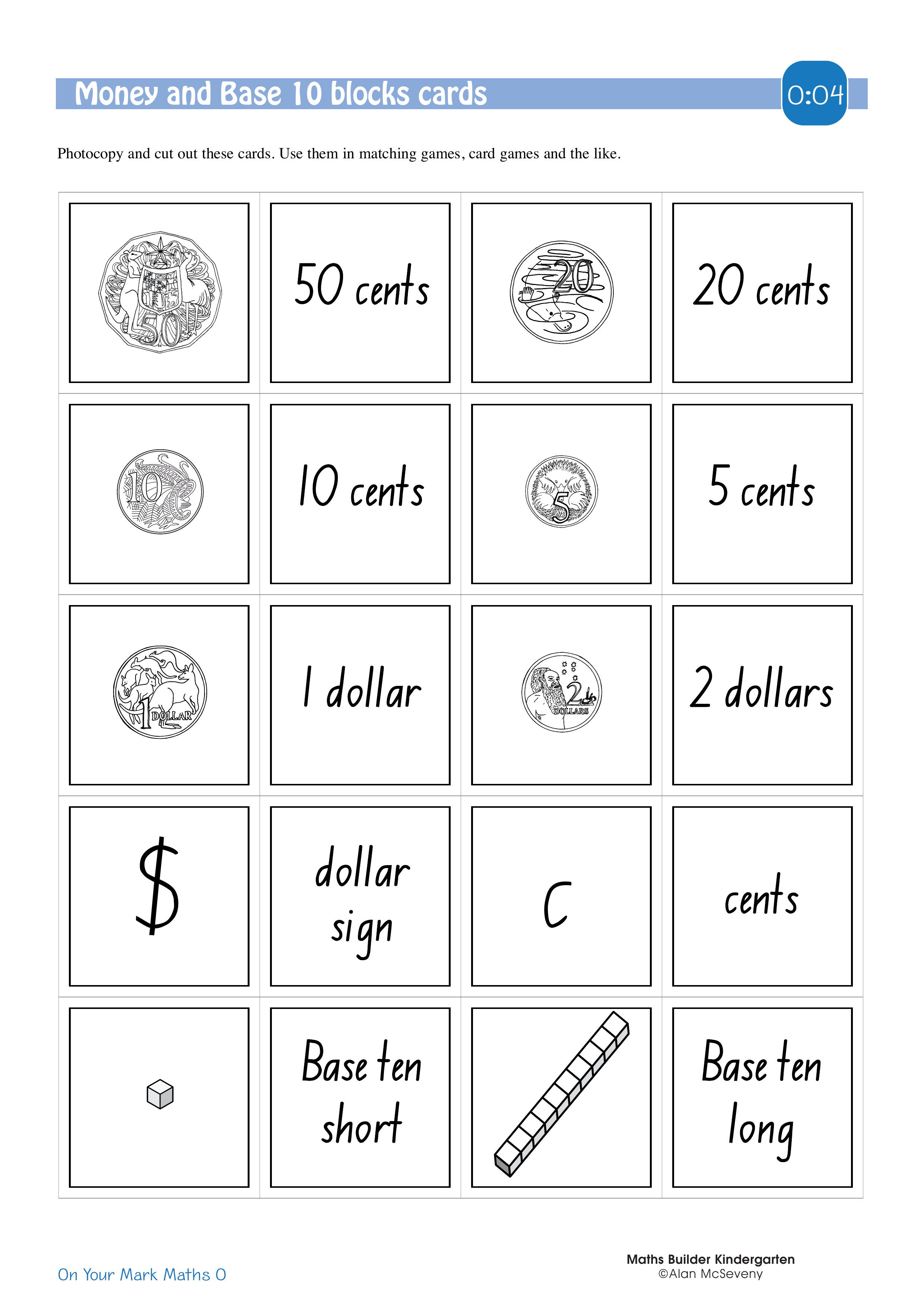 Money and Base 10 blocks cards — worksheet preview