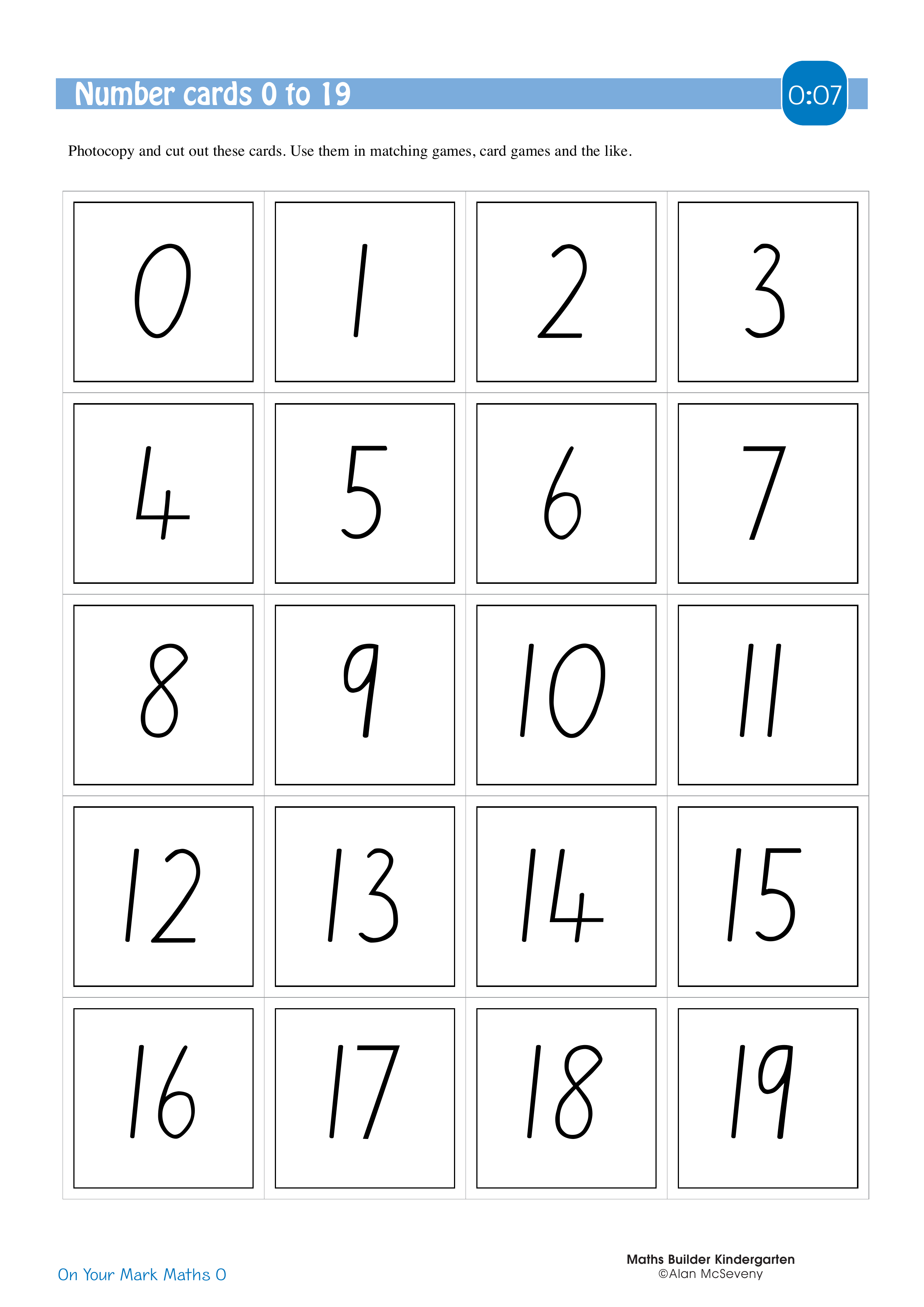Number cards 0 to 19 — worksheet preview