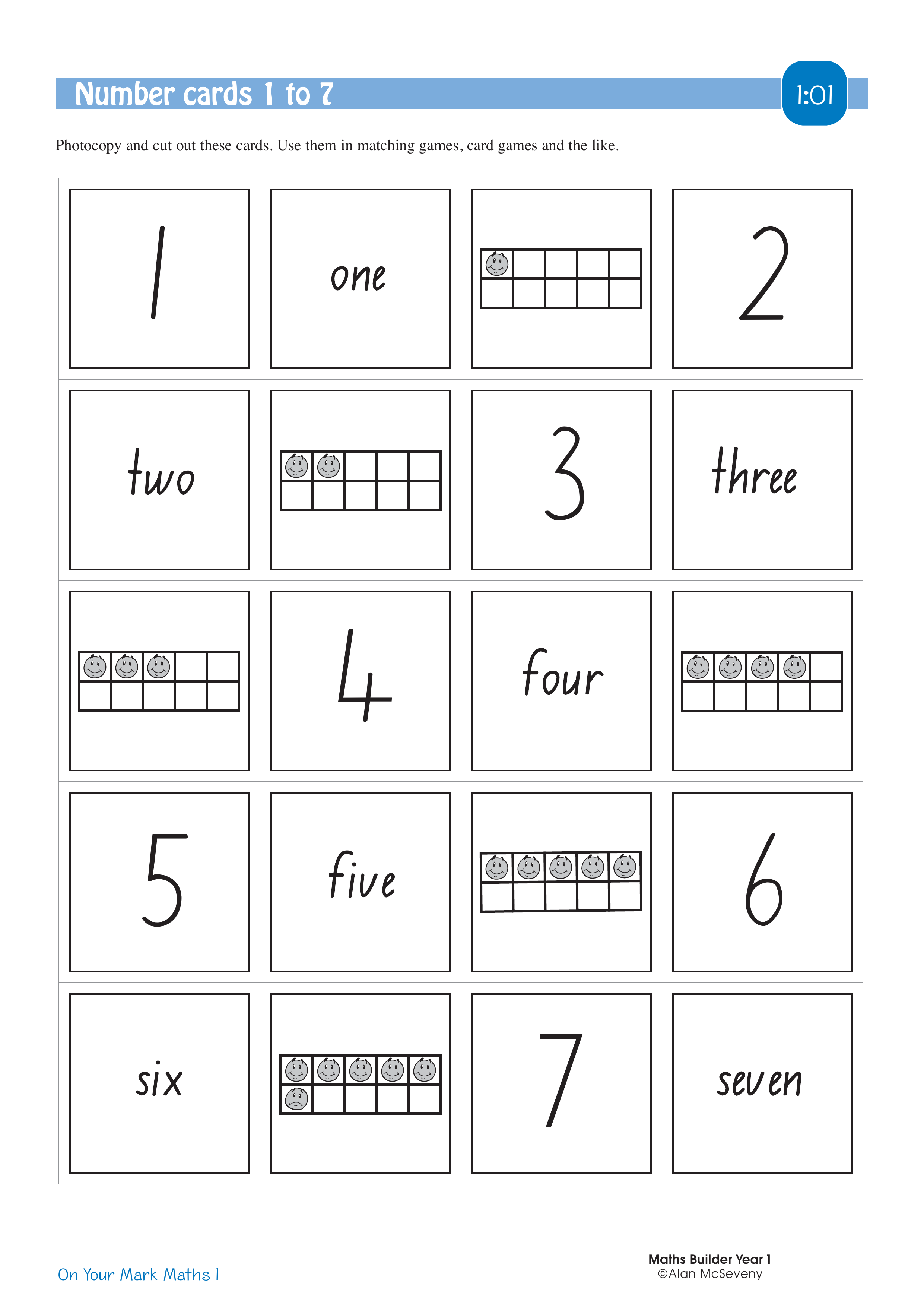 Number cards 1 to 7 — worksheet preview