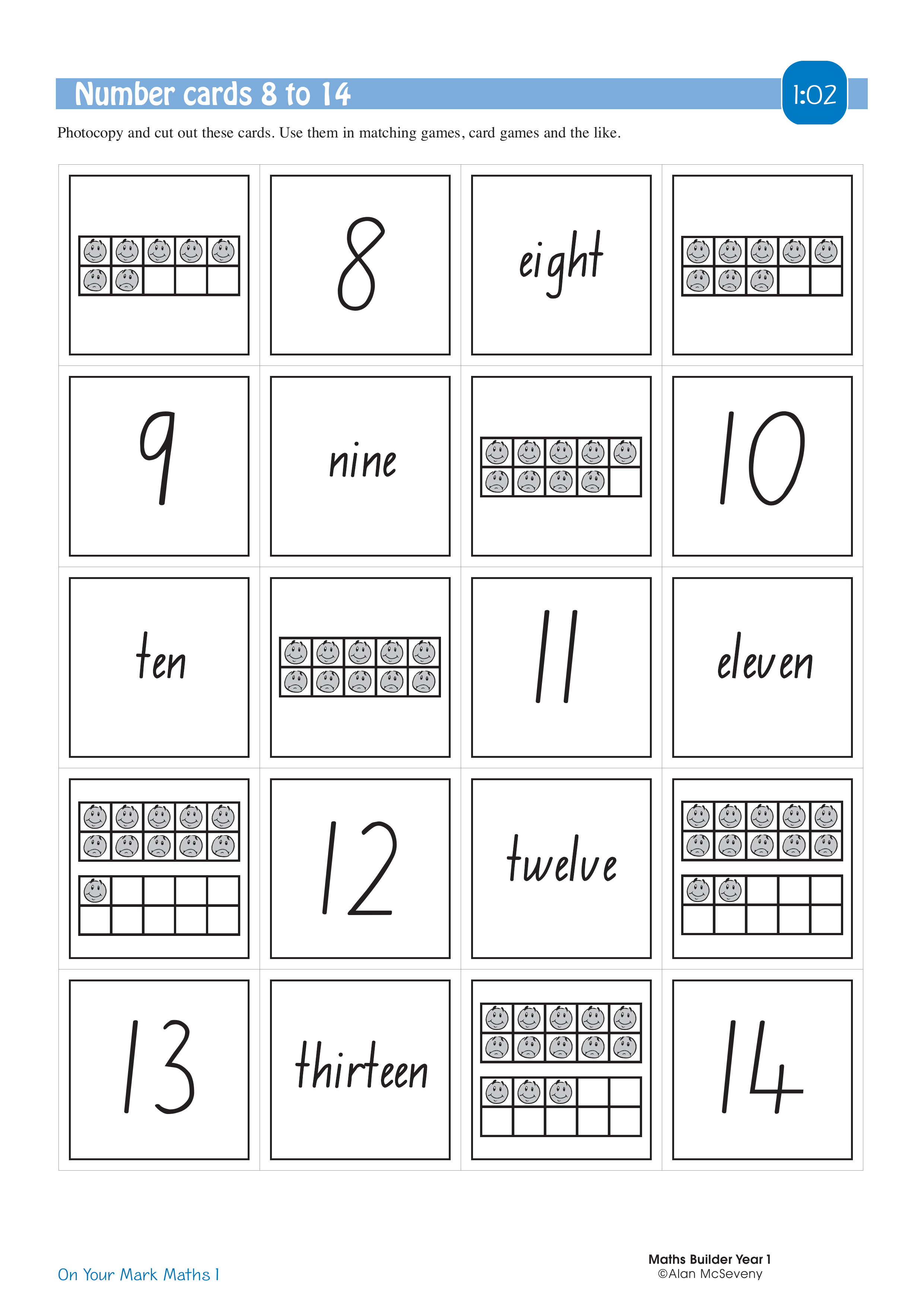 Number cards 8 to 14 — worksheet preview