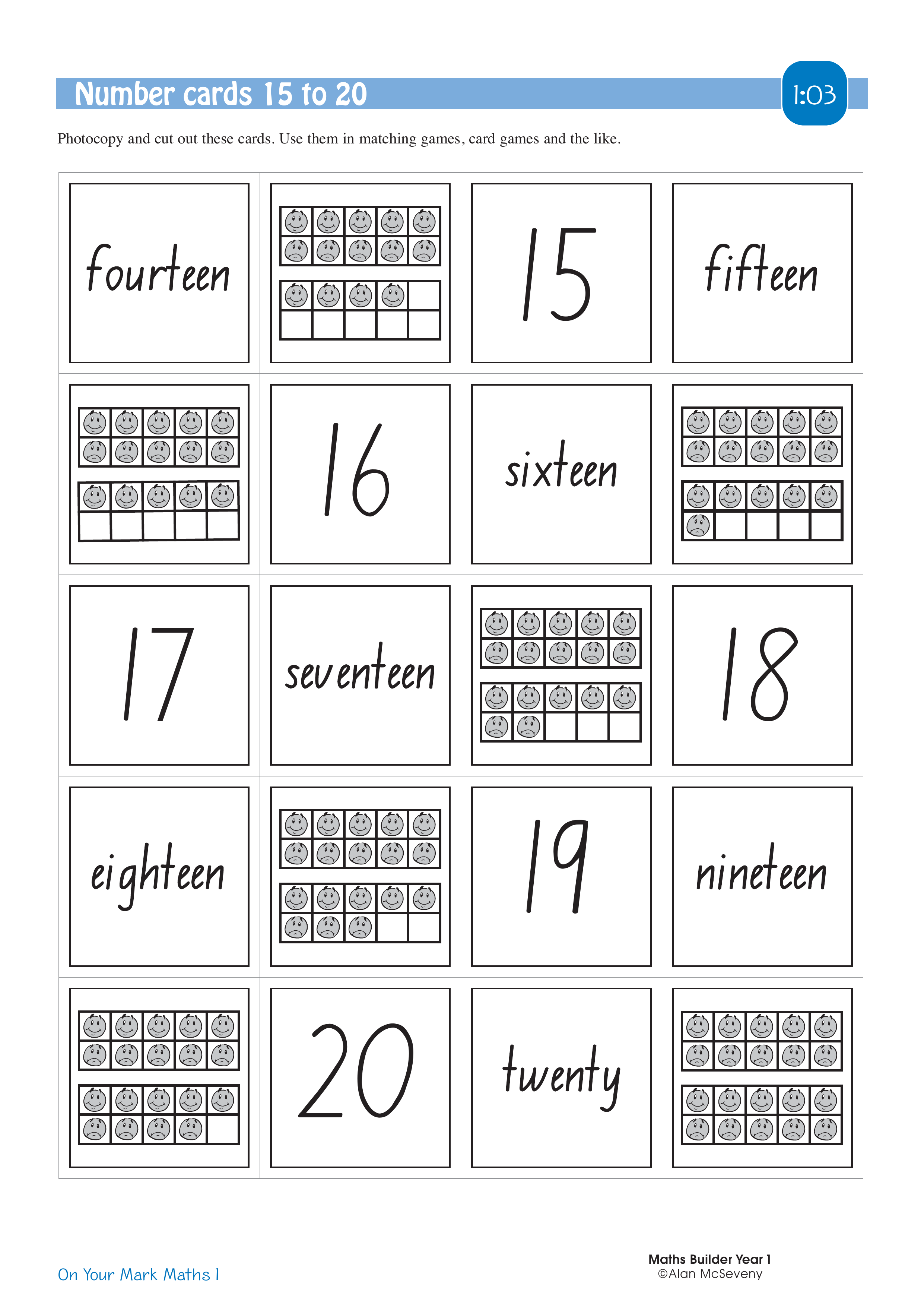 Number cards 15 to 20 — worksheet preview