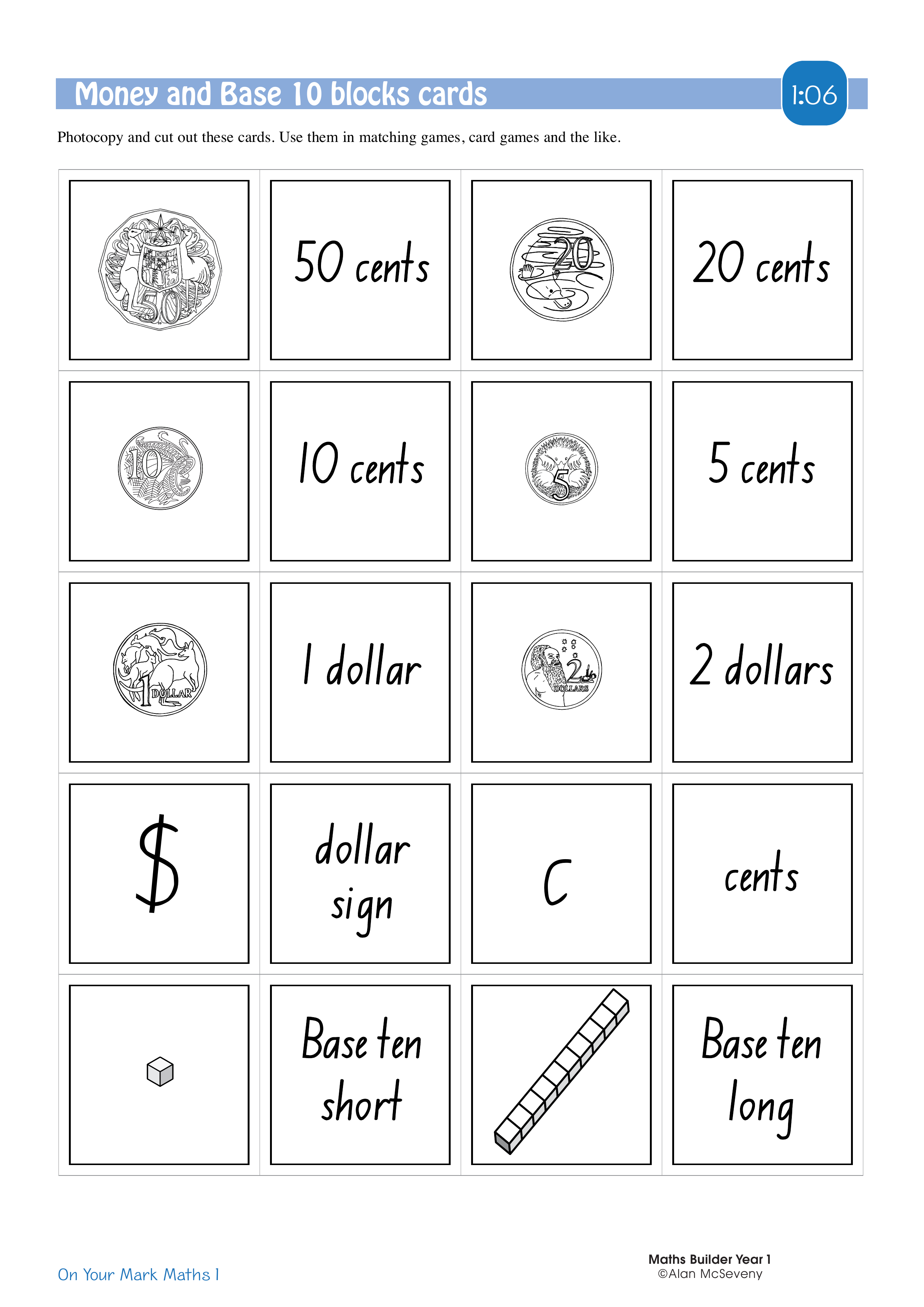 Money and Base 10 blocks cards — worksheet preview