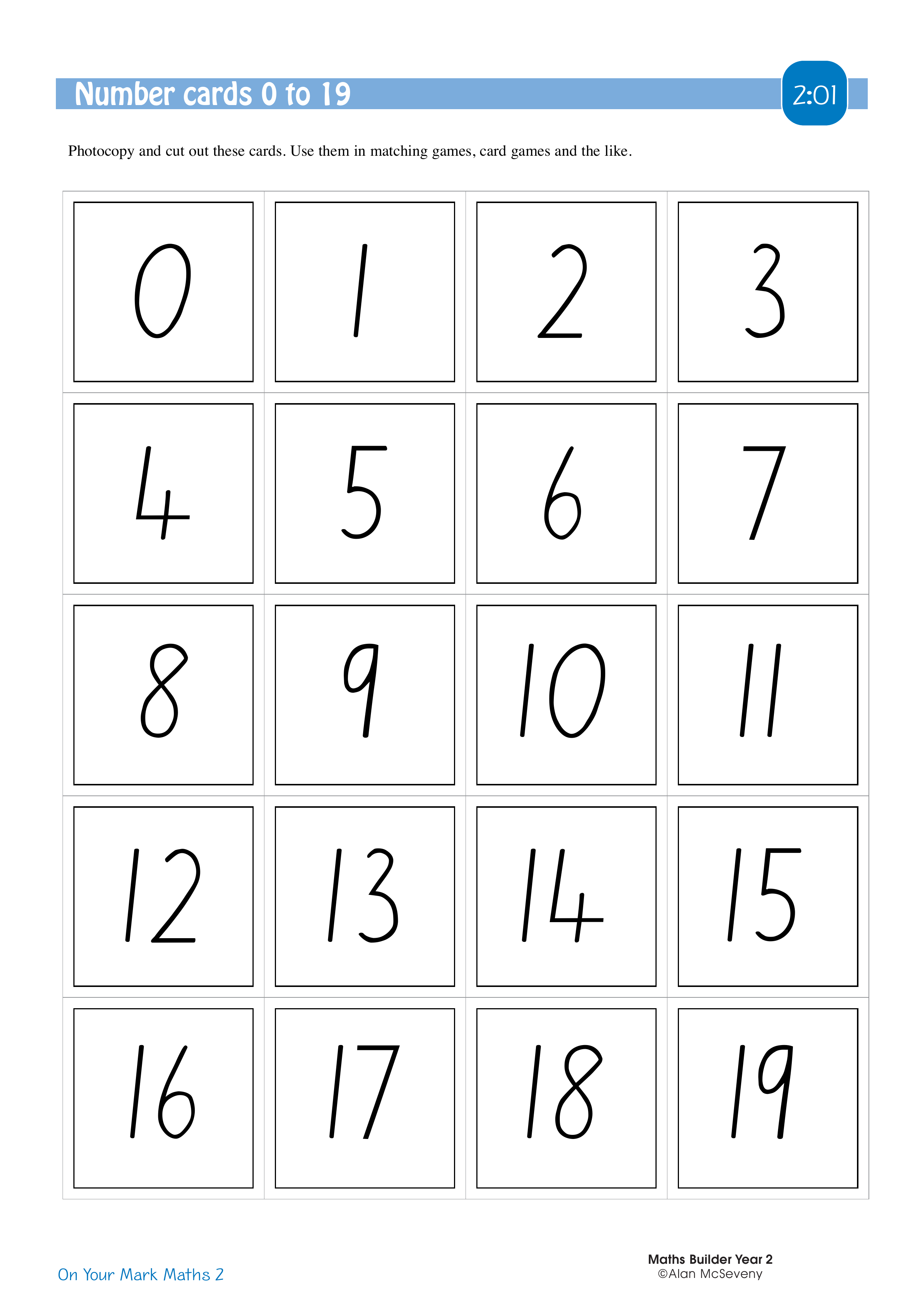 Number cards 0 to 19 — worksheet preview