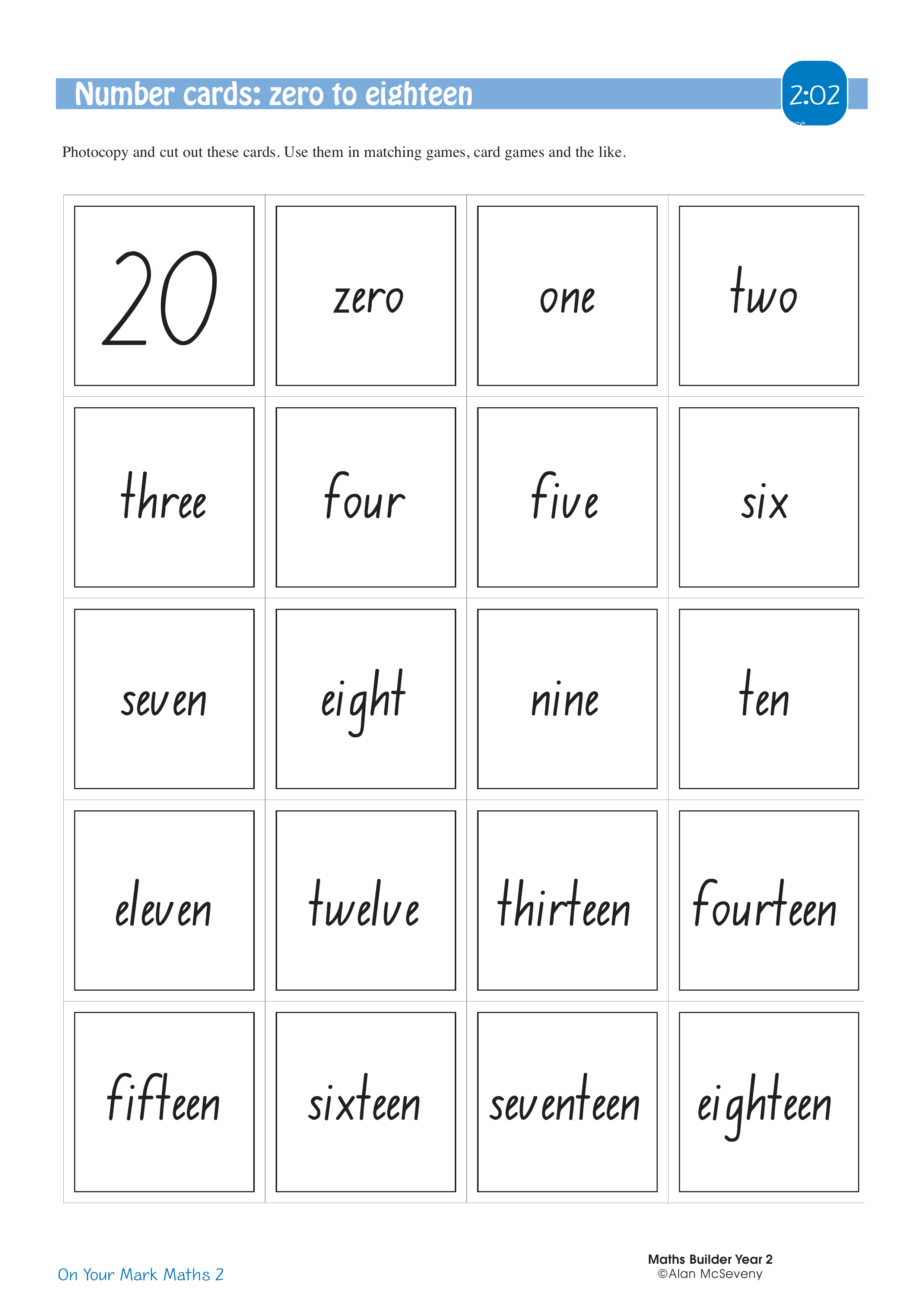 Number cards: zero to eighteen — worksheet preview