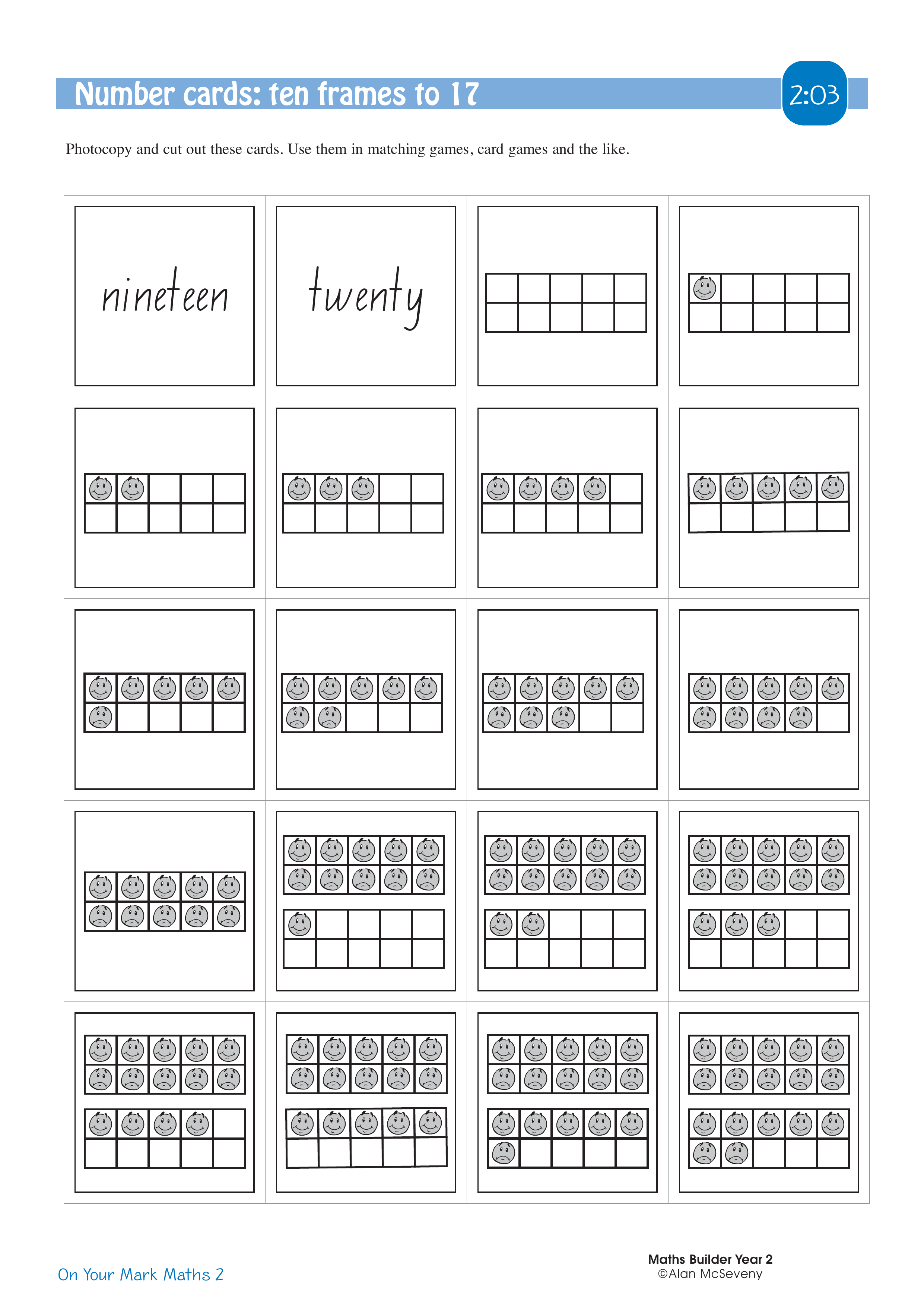 Number cards: ten frames to 17 — worksheet preview