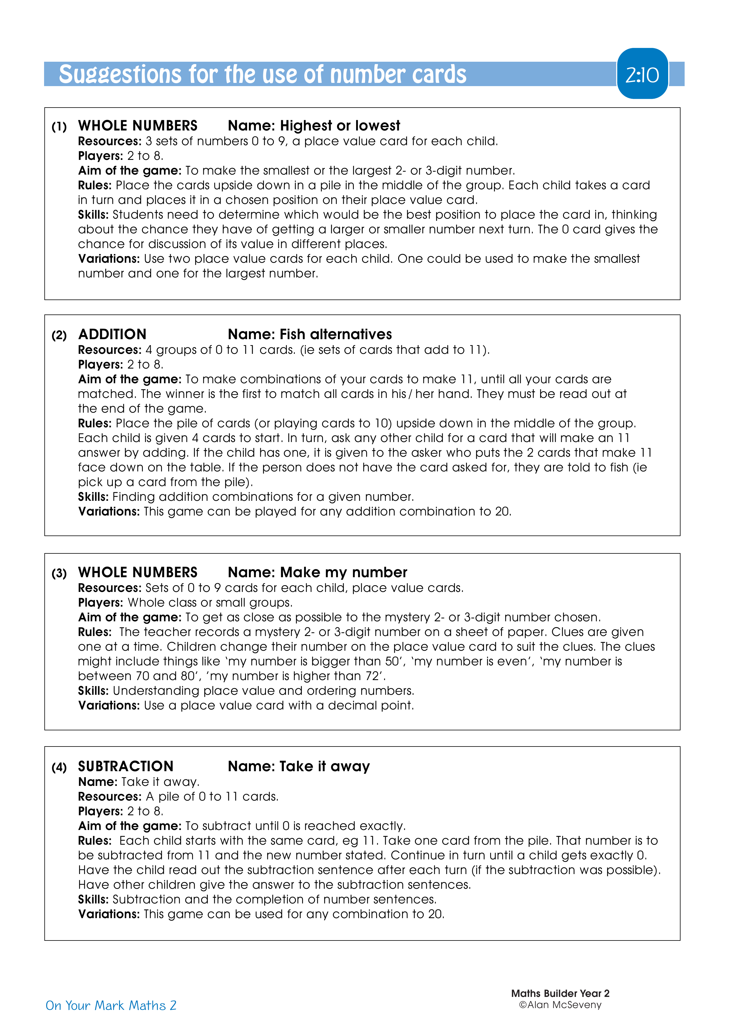 Suggestions for the use of number cards — worksheet preview