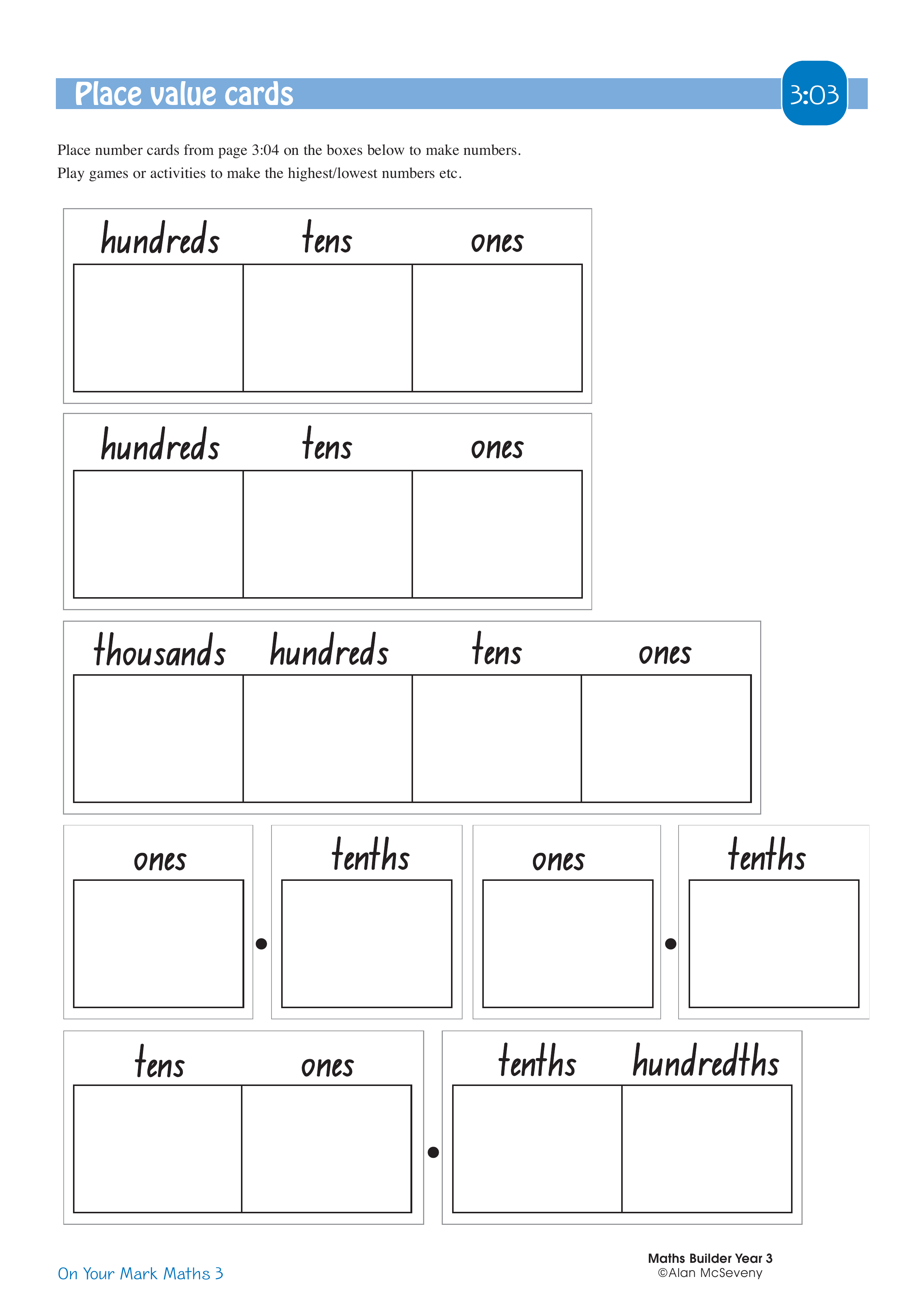 Place value cards — worksheet preview