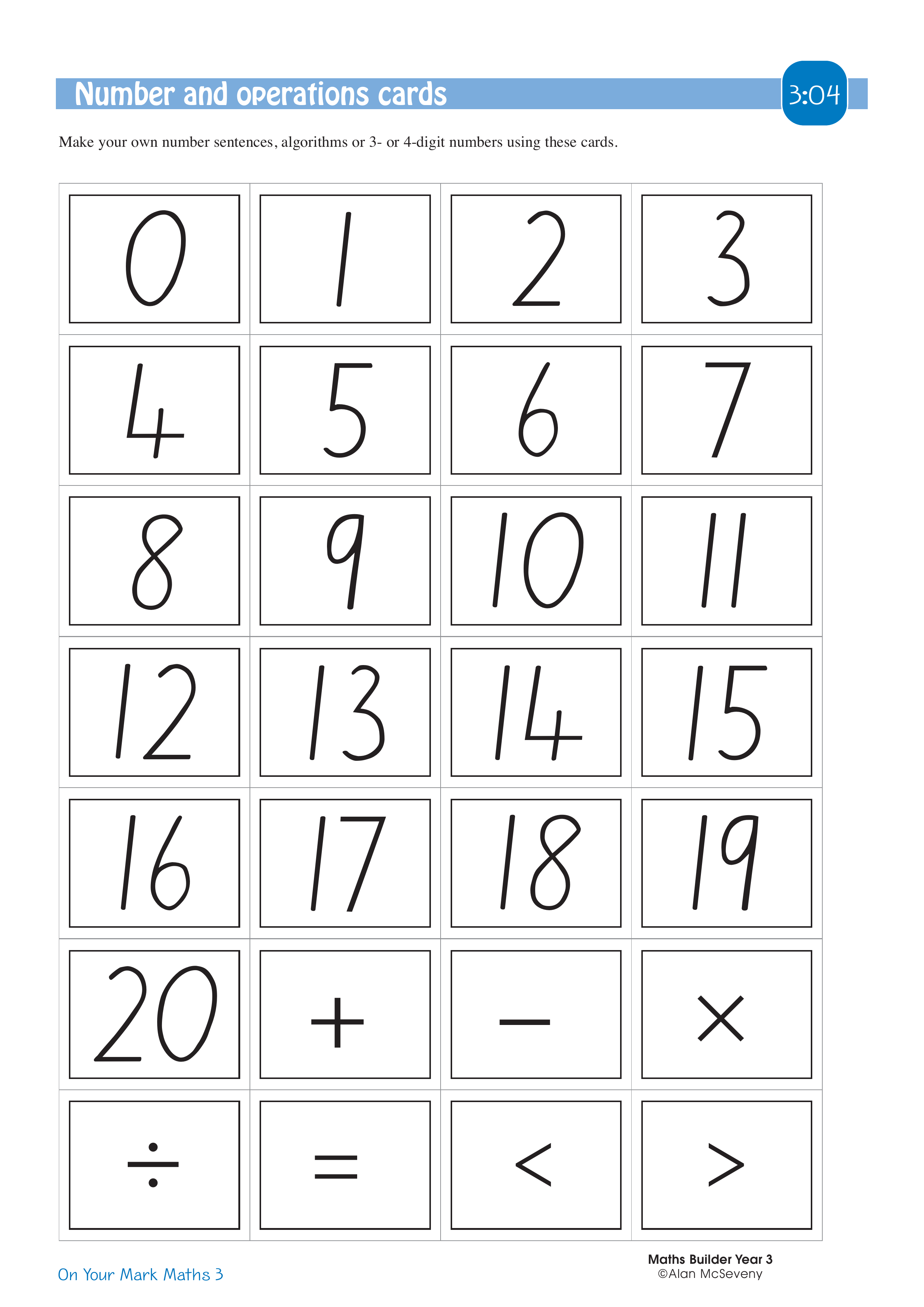 Number and operations cards — worksheet preview