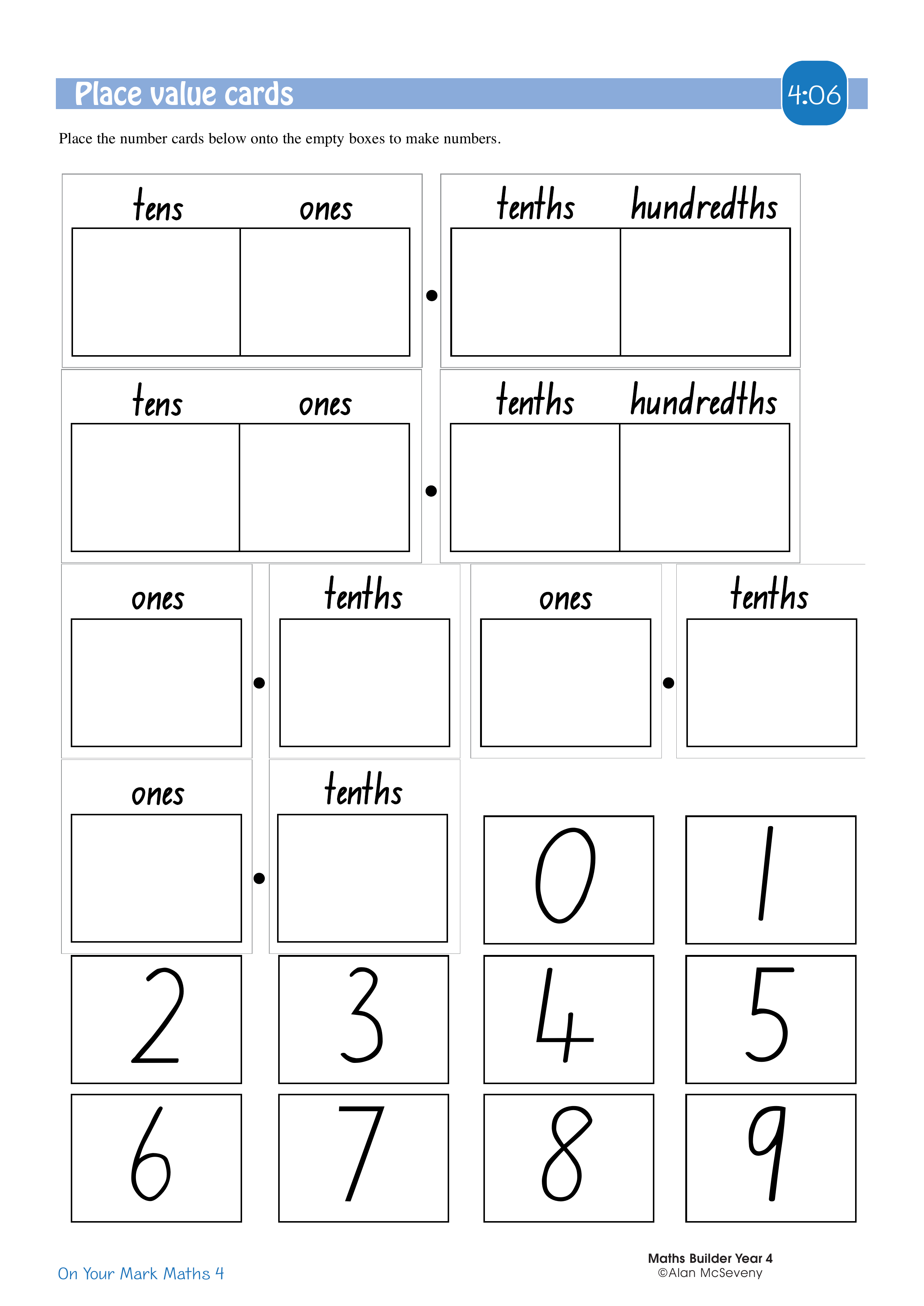 Place value cards — worksheet preview