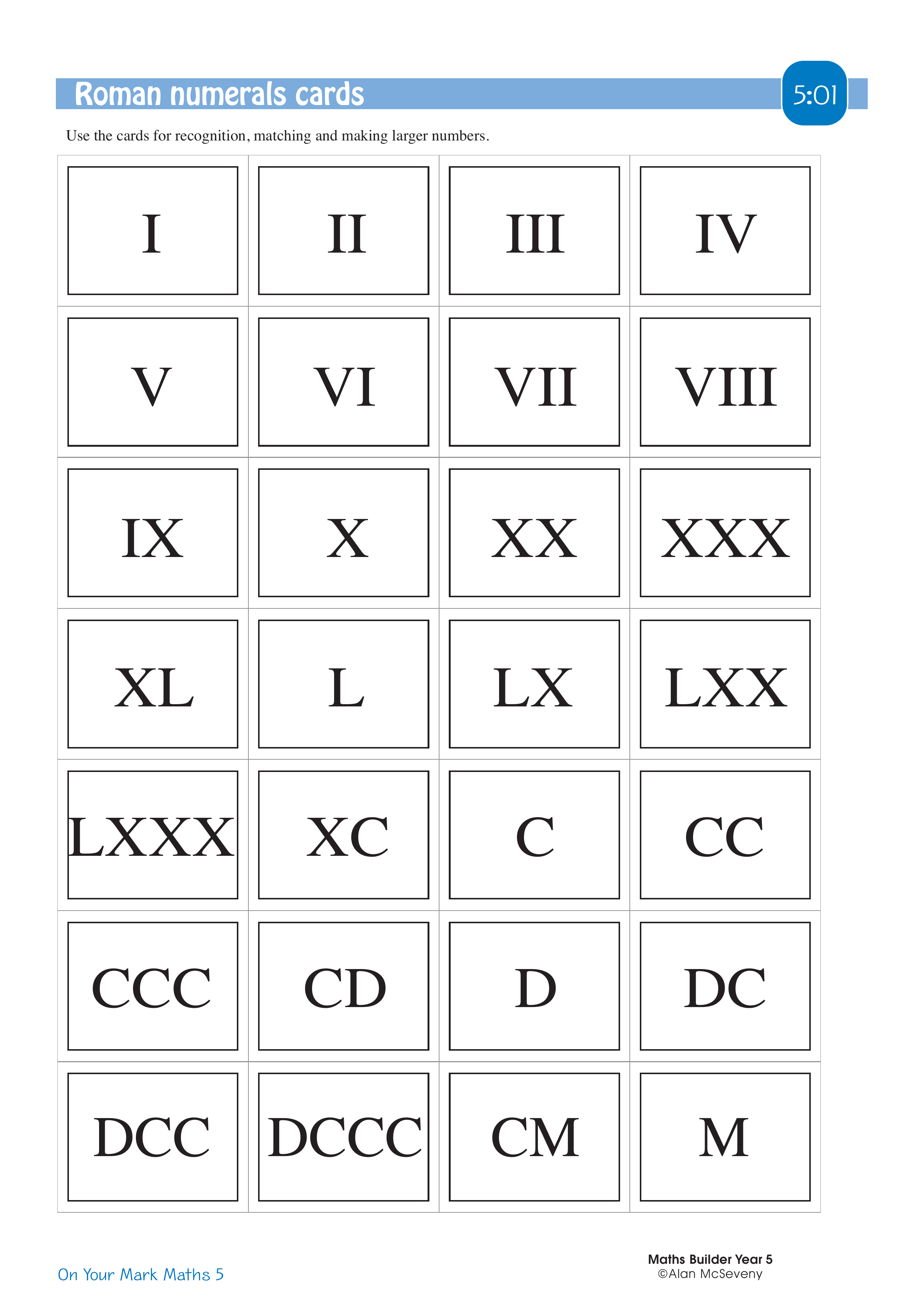 Roman numerals cards — worksheet preview