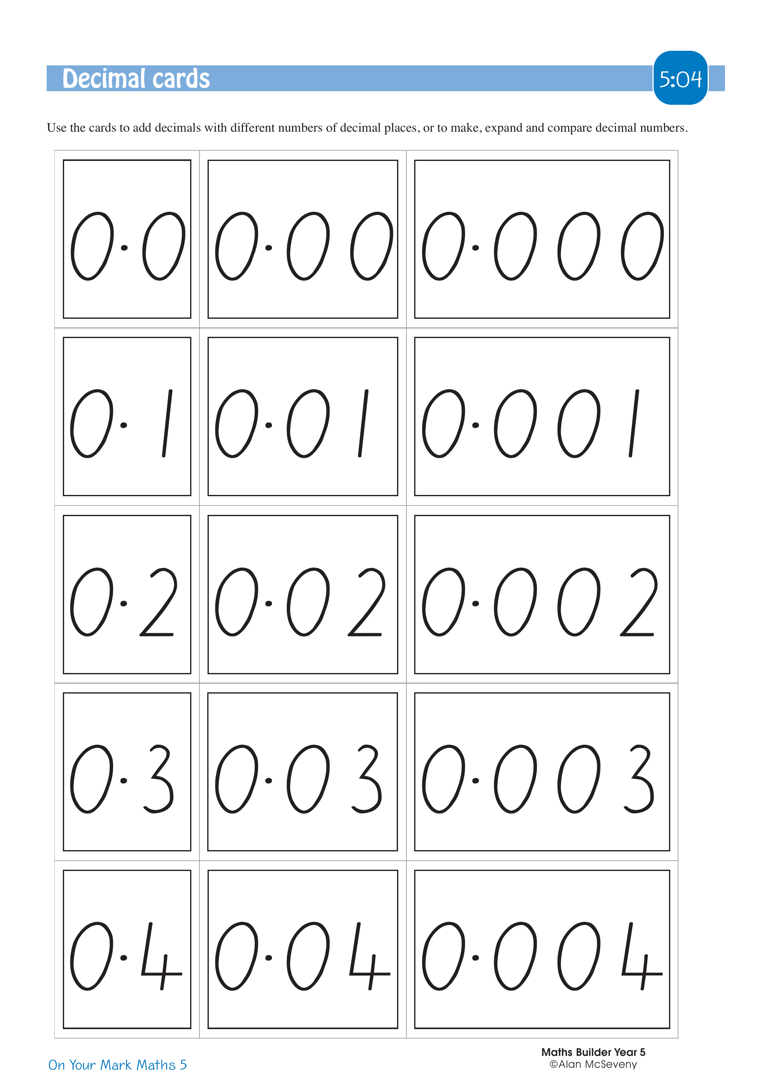 Decimal cards — worksheet preview