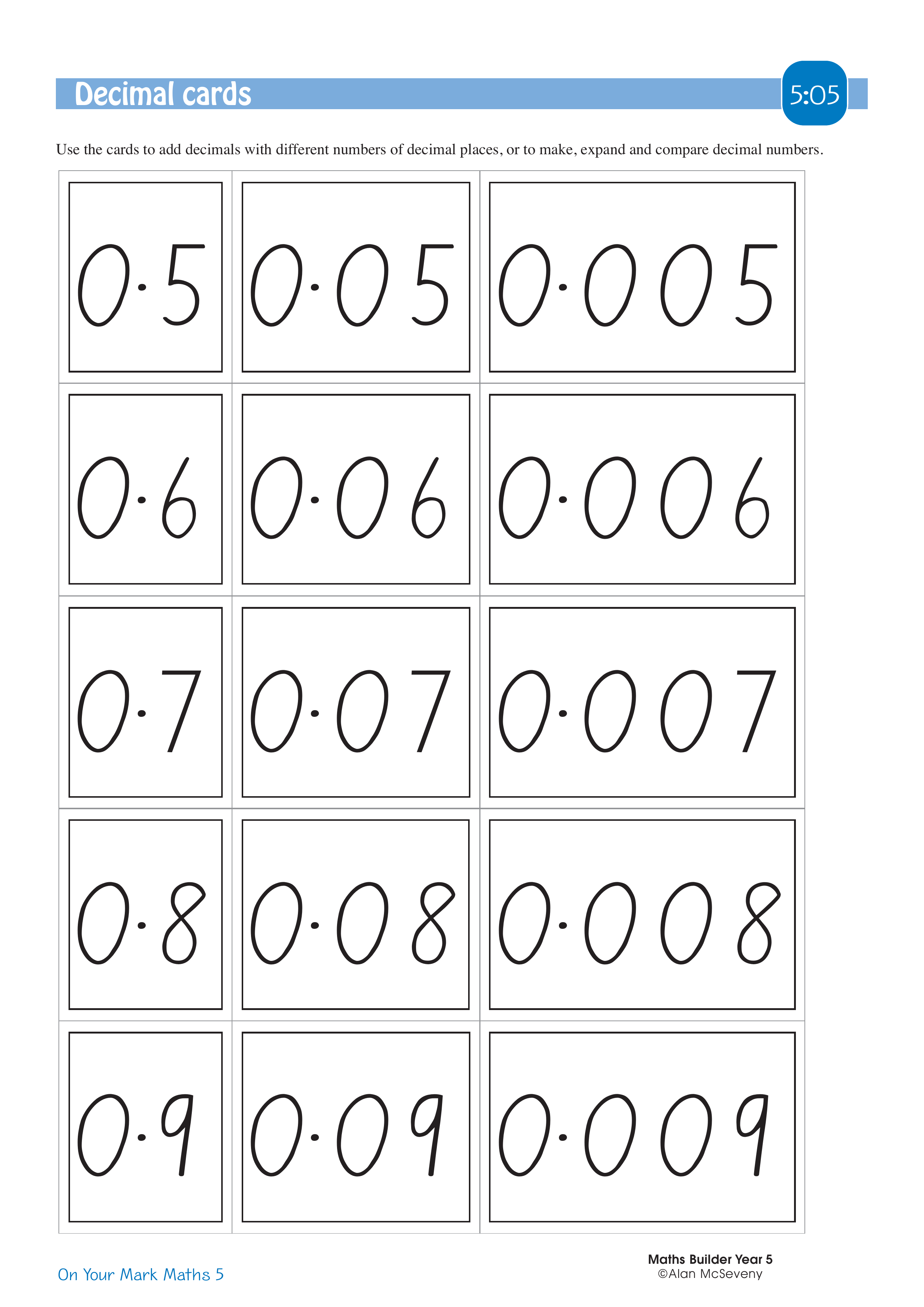 Decimal cards — worksheet preview