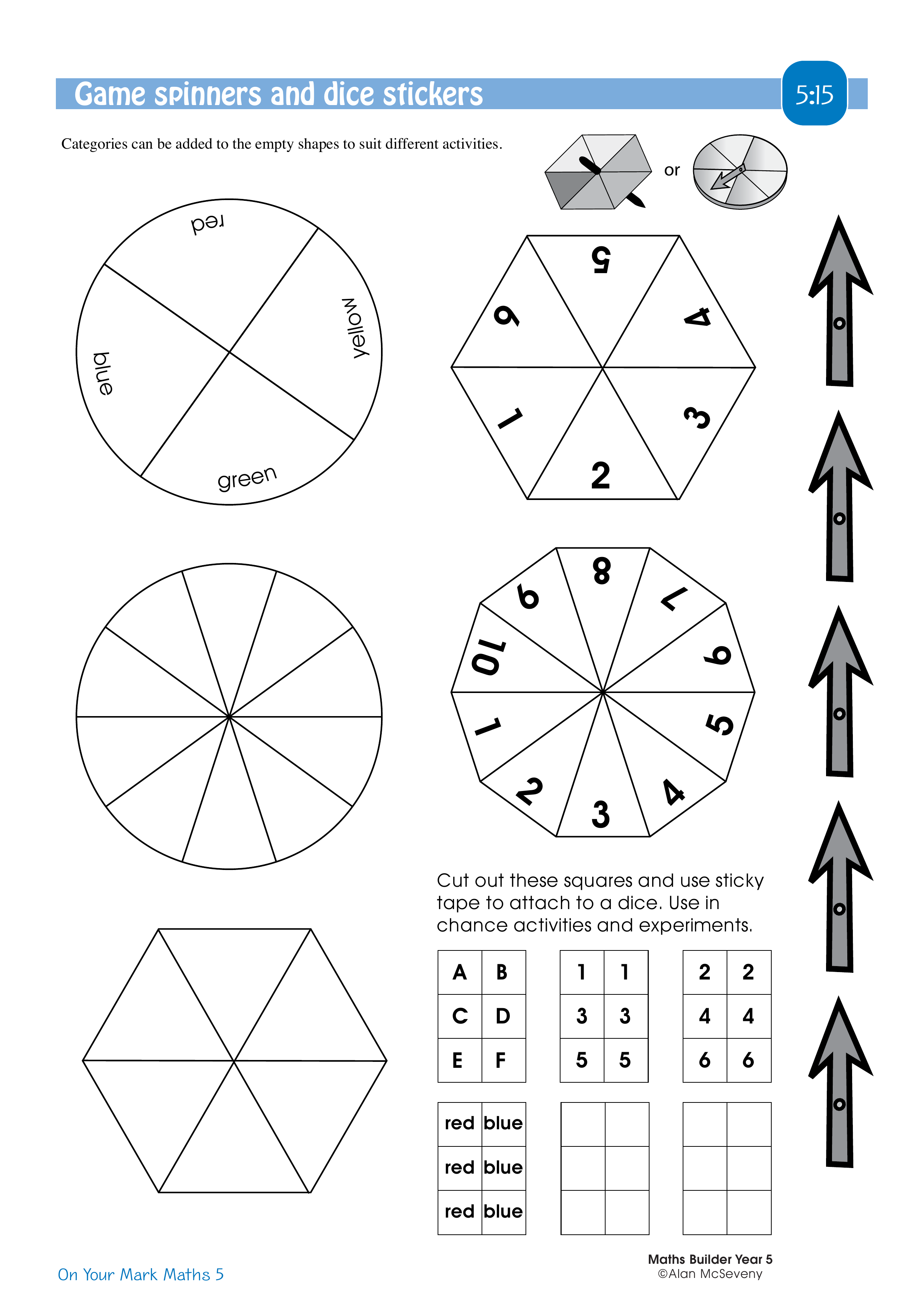 Game spinners and dice stickers — worksheet preview