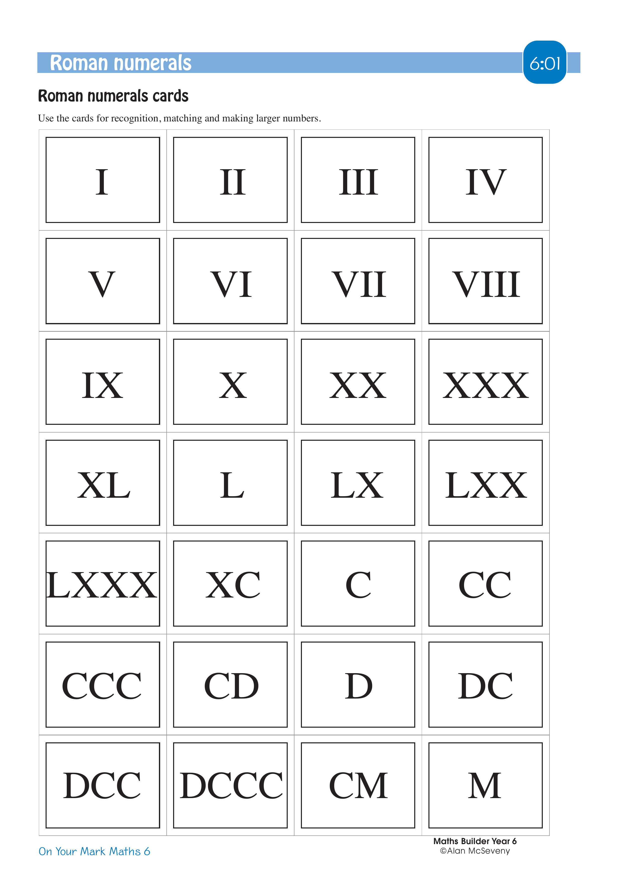 Roman numerals cards — worksheet preview