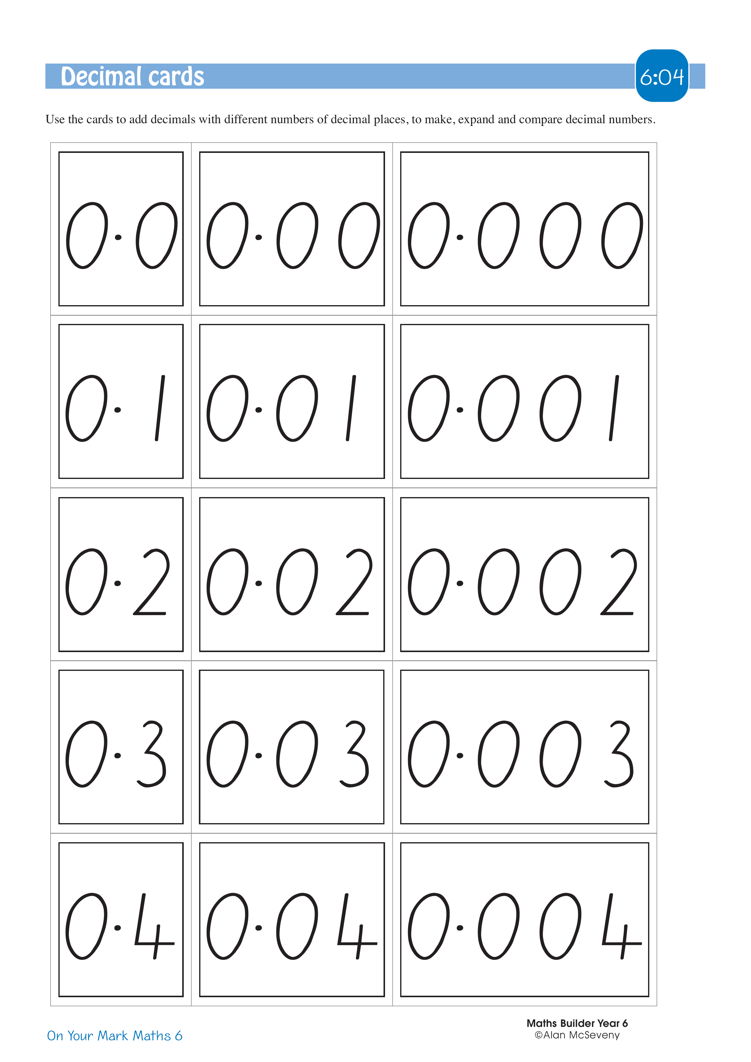 Decimal cards — worksheet preview