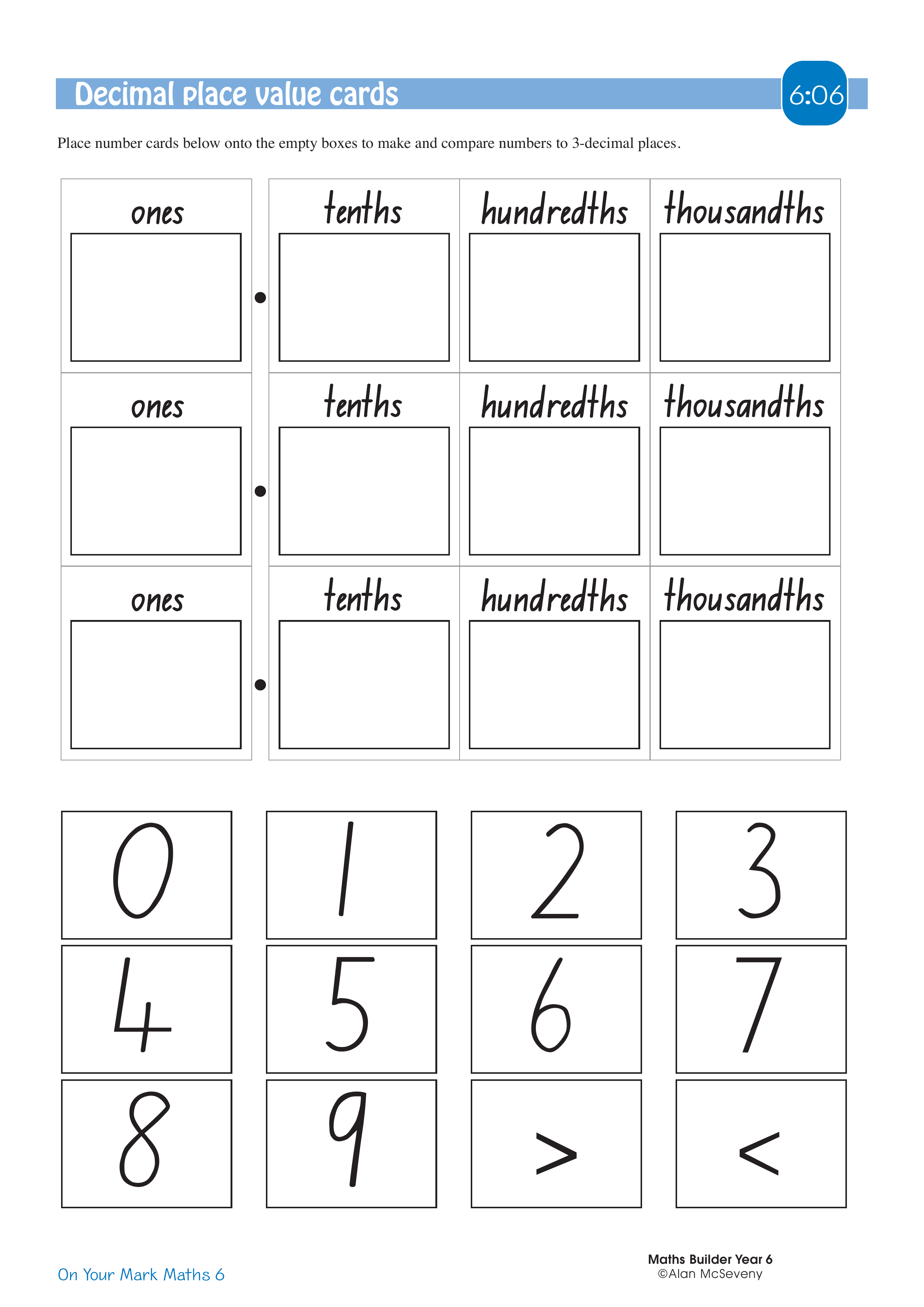 Decimal place value cards — worksheet preview