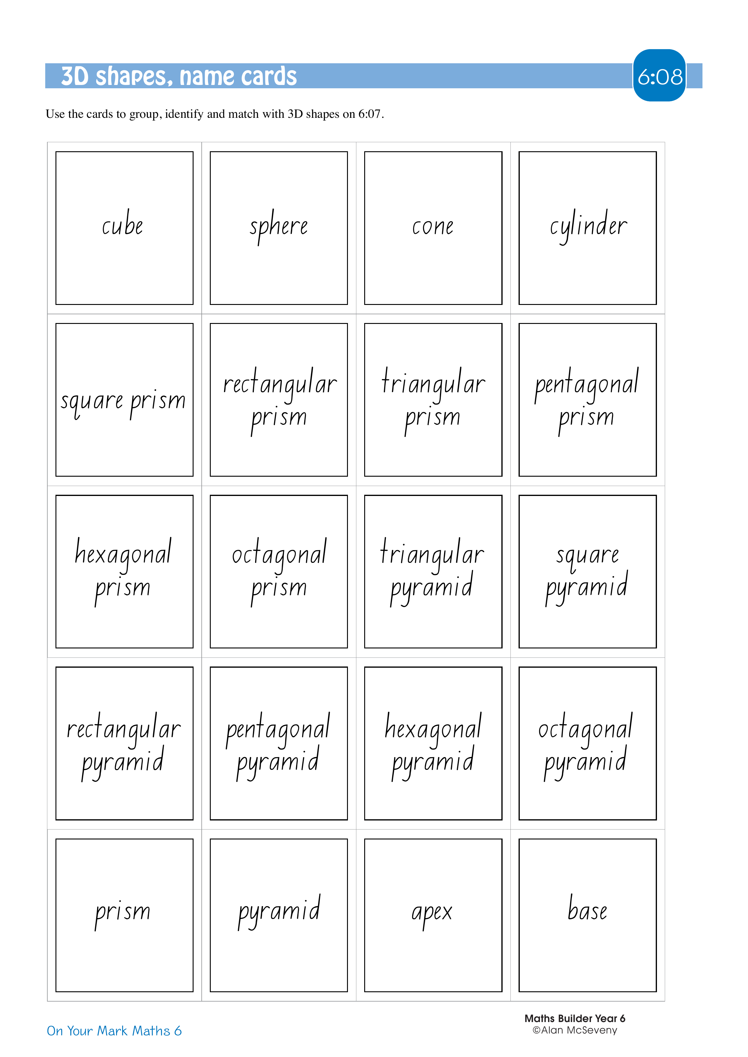 3D shapes, name cards — worksheet preview