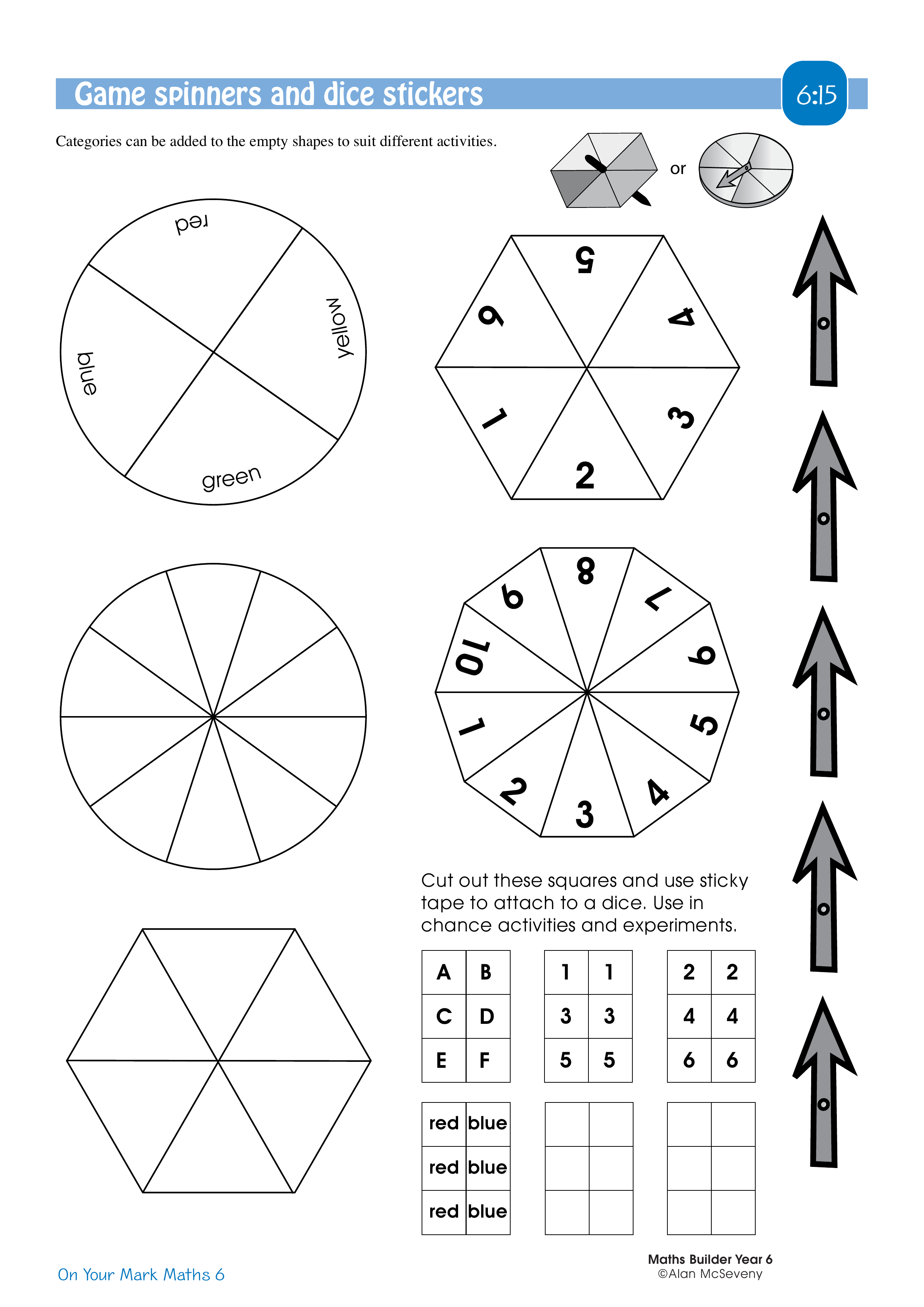 Game spinners and dice stickers — worksheet preview