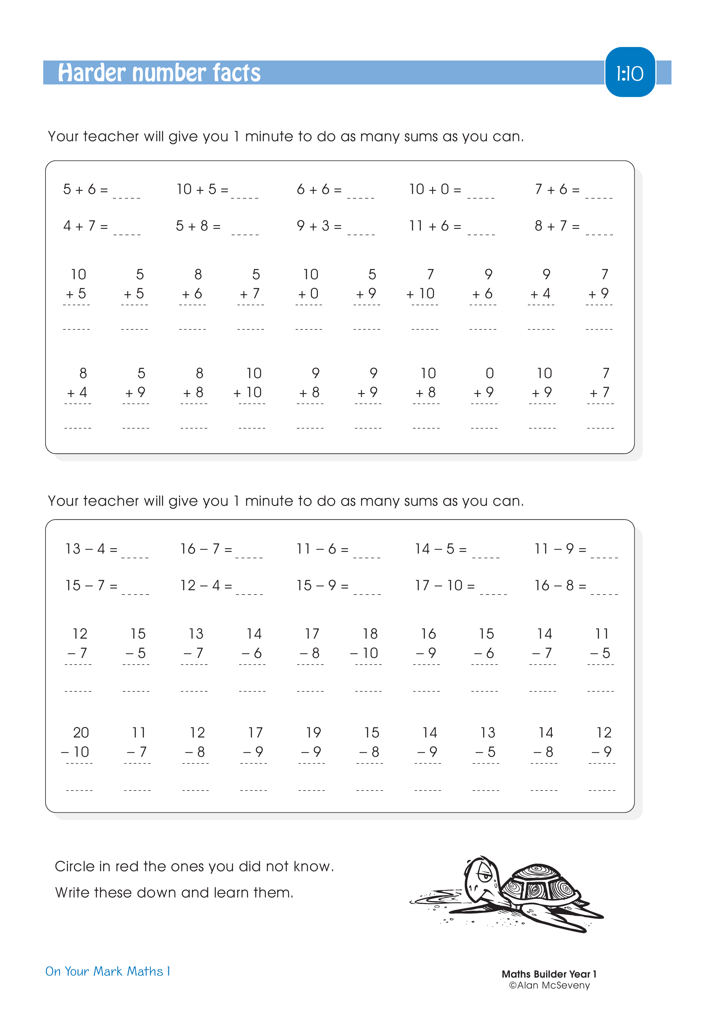 Harder number facts — worksheet preview
