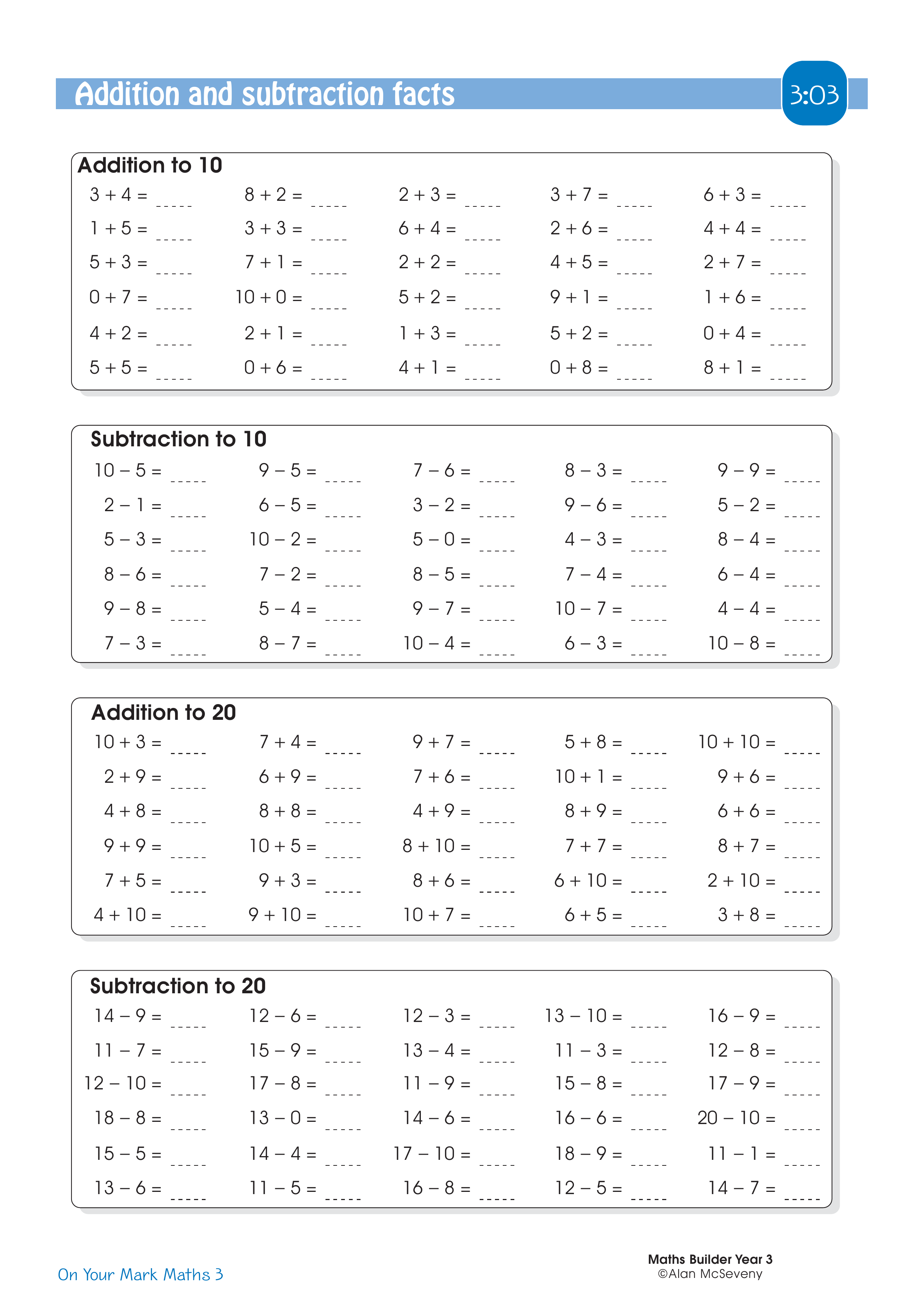 Addition and subtraction facts — worksheet preview