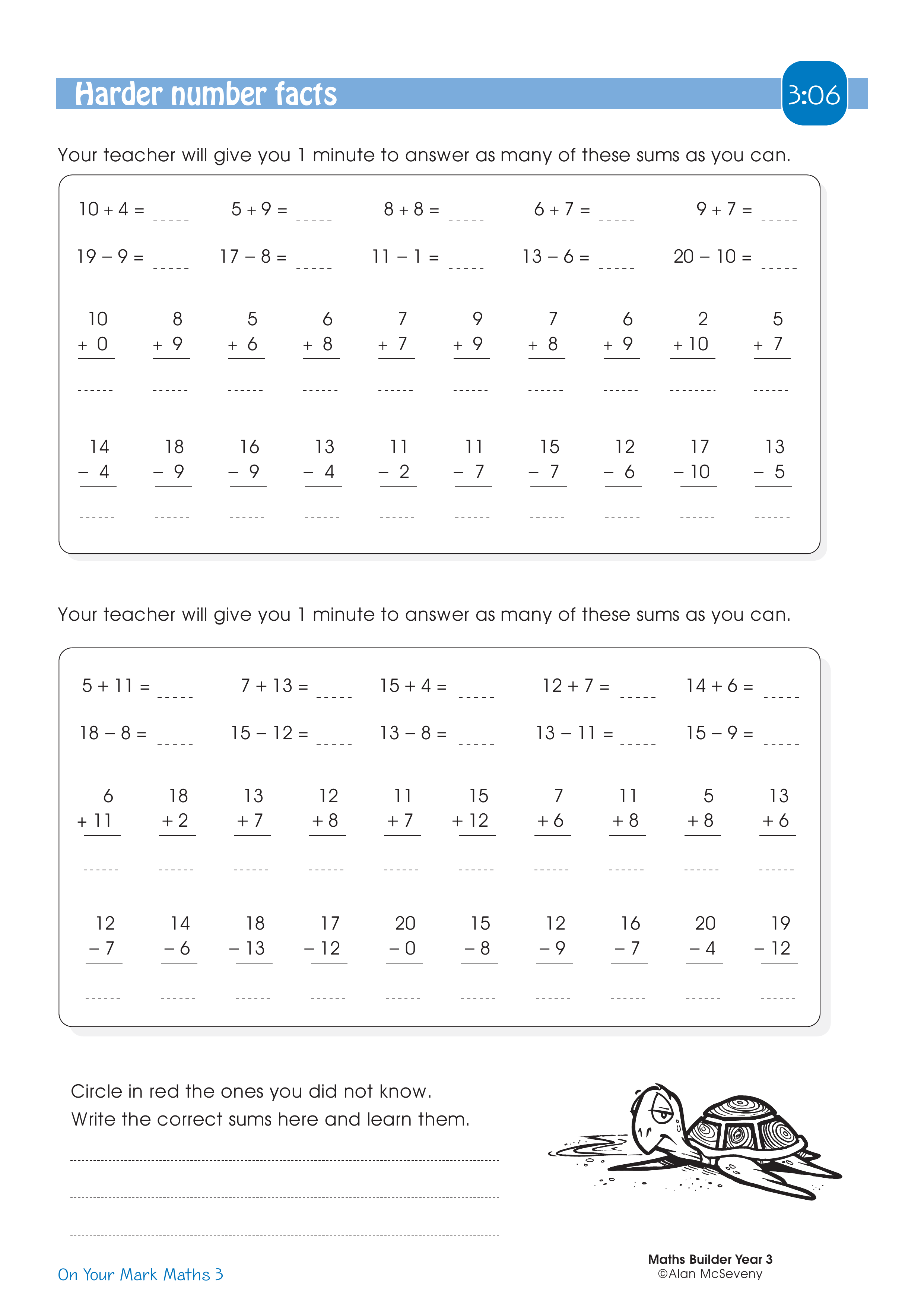 Harder number facts — worksheet preview