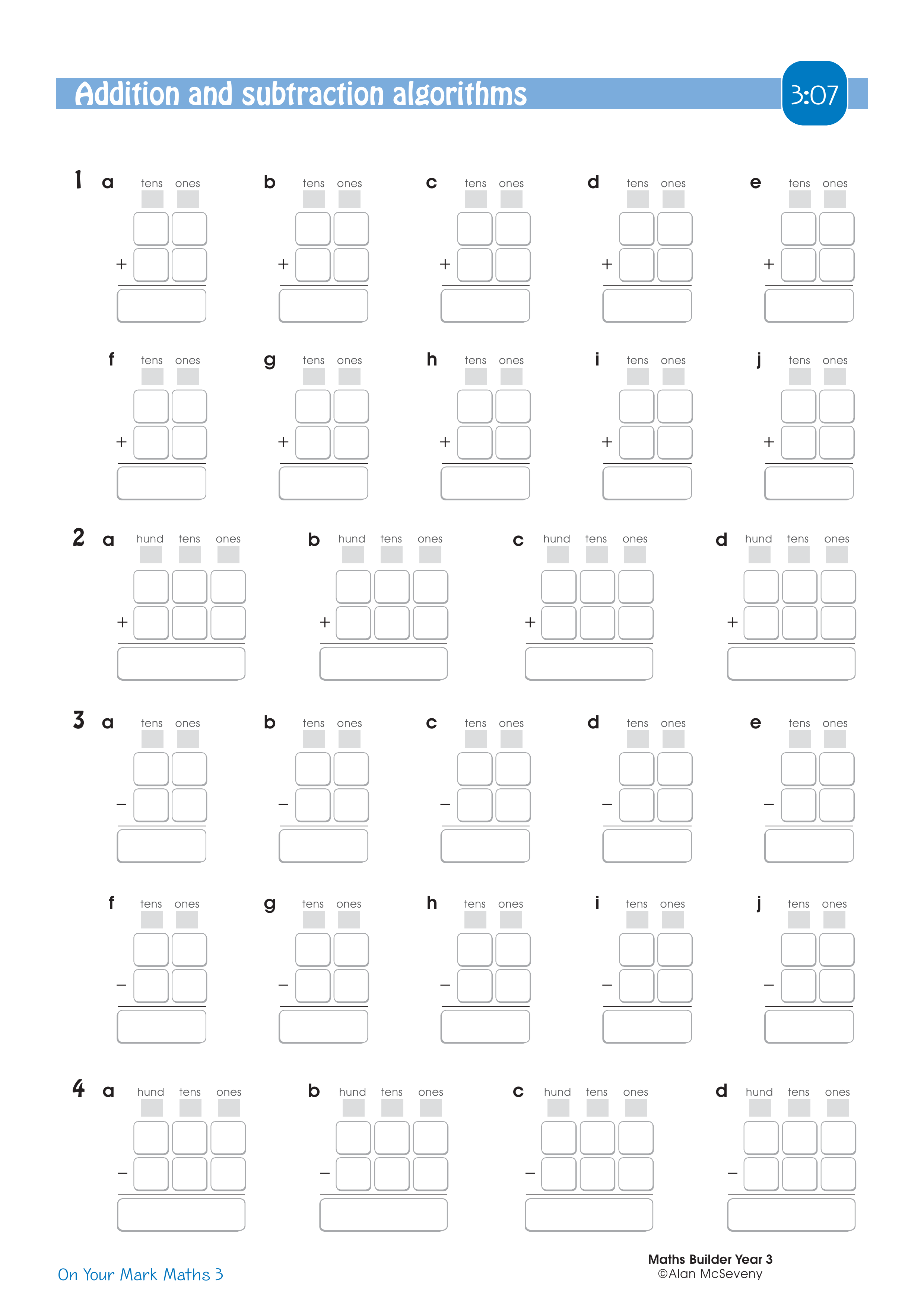 Addition and subtraction algorithms — worksheet preview