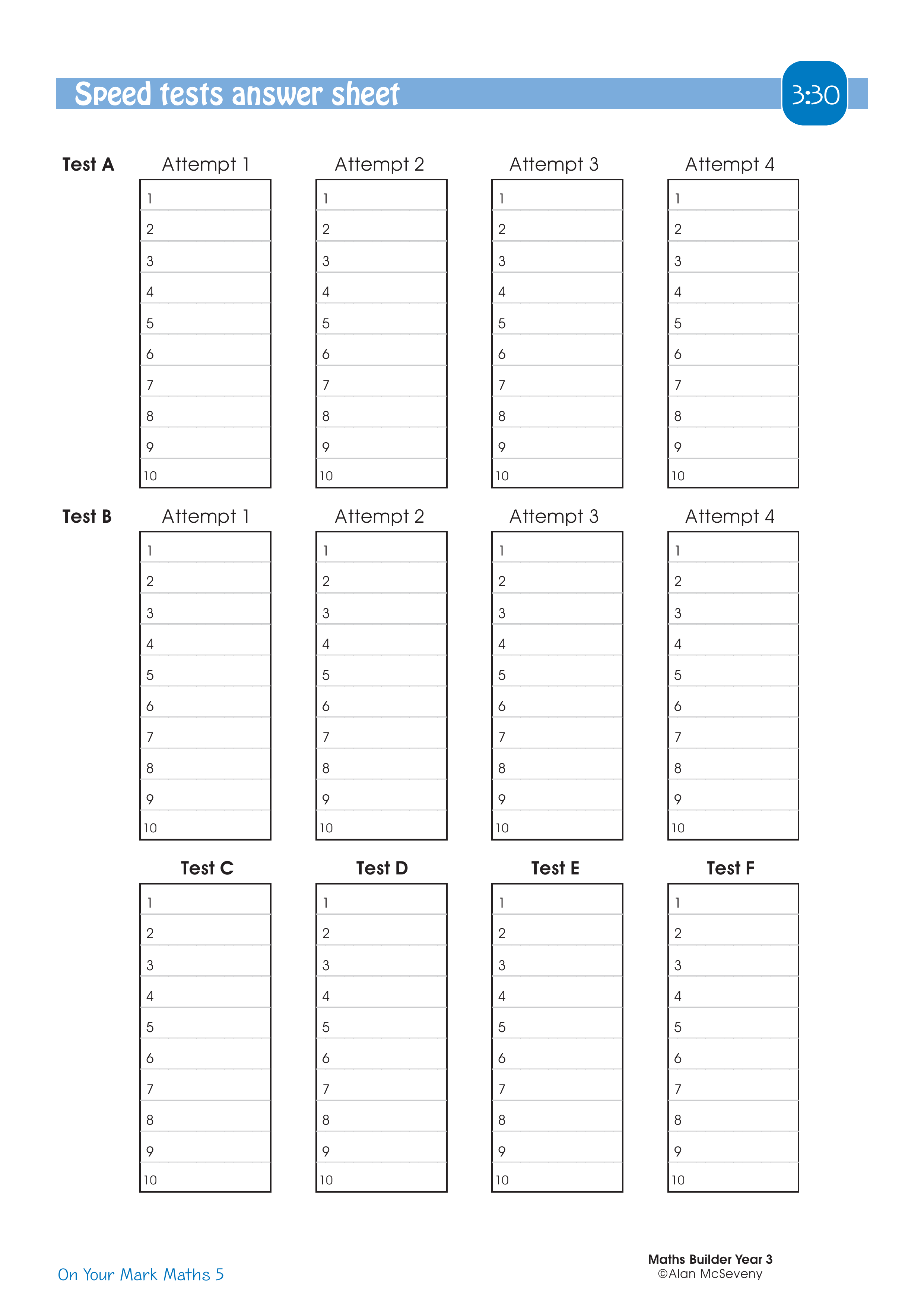 Speed tests answer sheet — worksheet preview