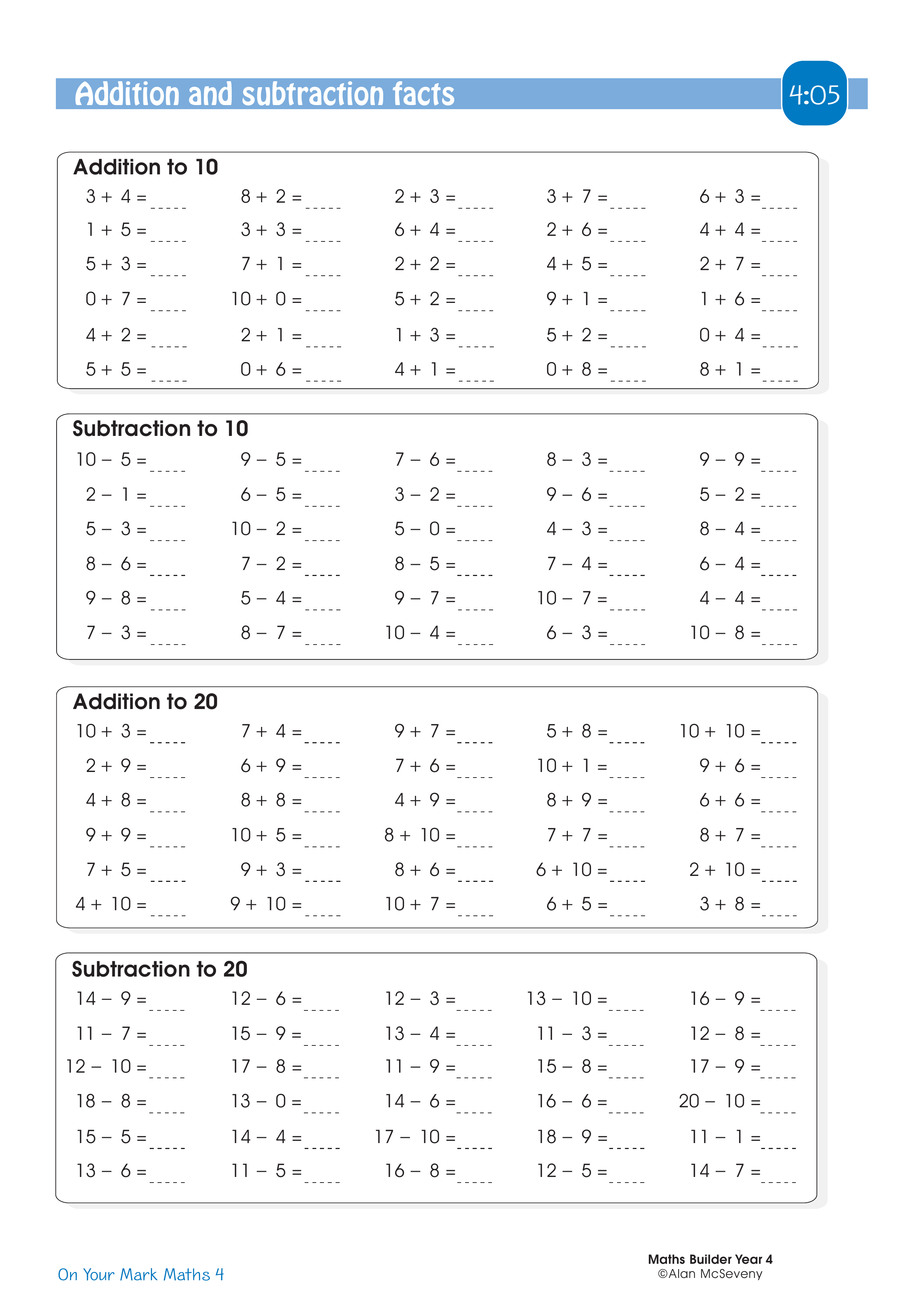 Addition and subtraction facts — worksheet preview