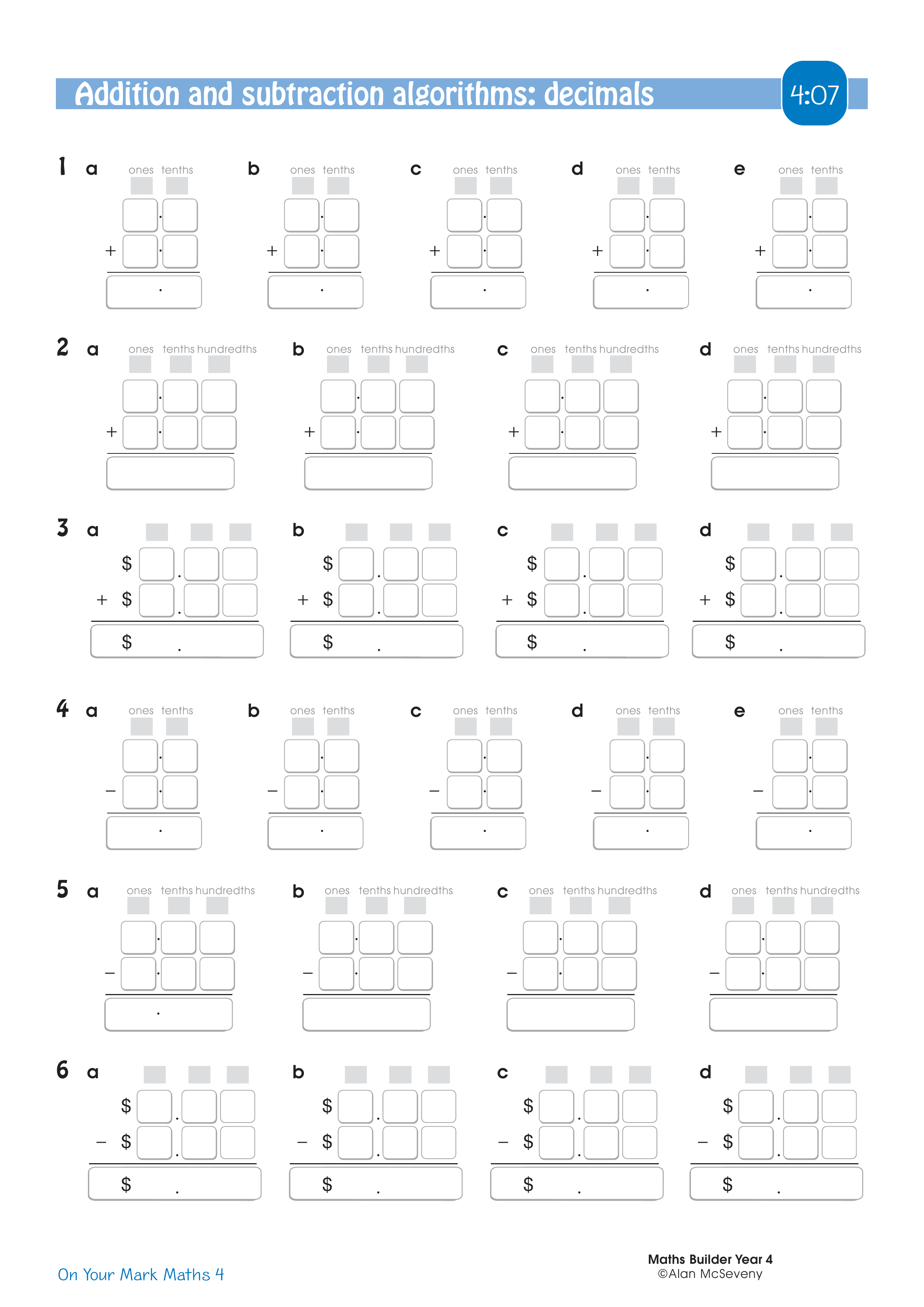 Addition and subtraction algorithms: decimals — worksheet preview