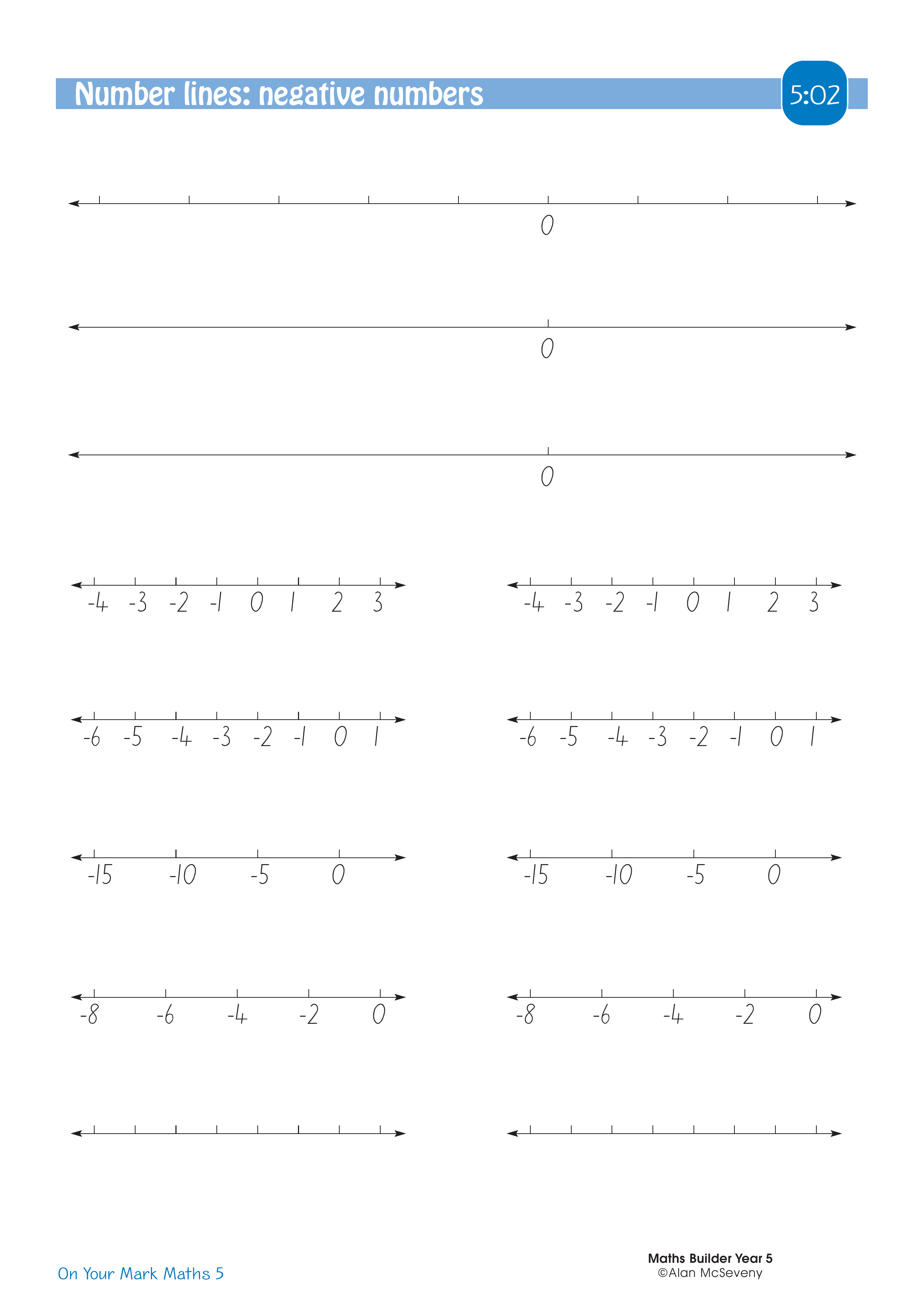 Number lines: negative numbers — worksheet preview