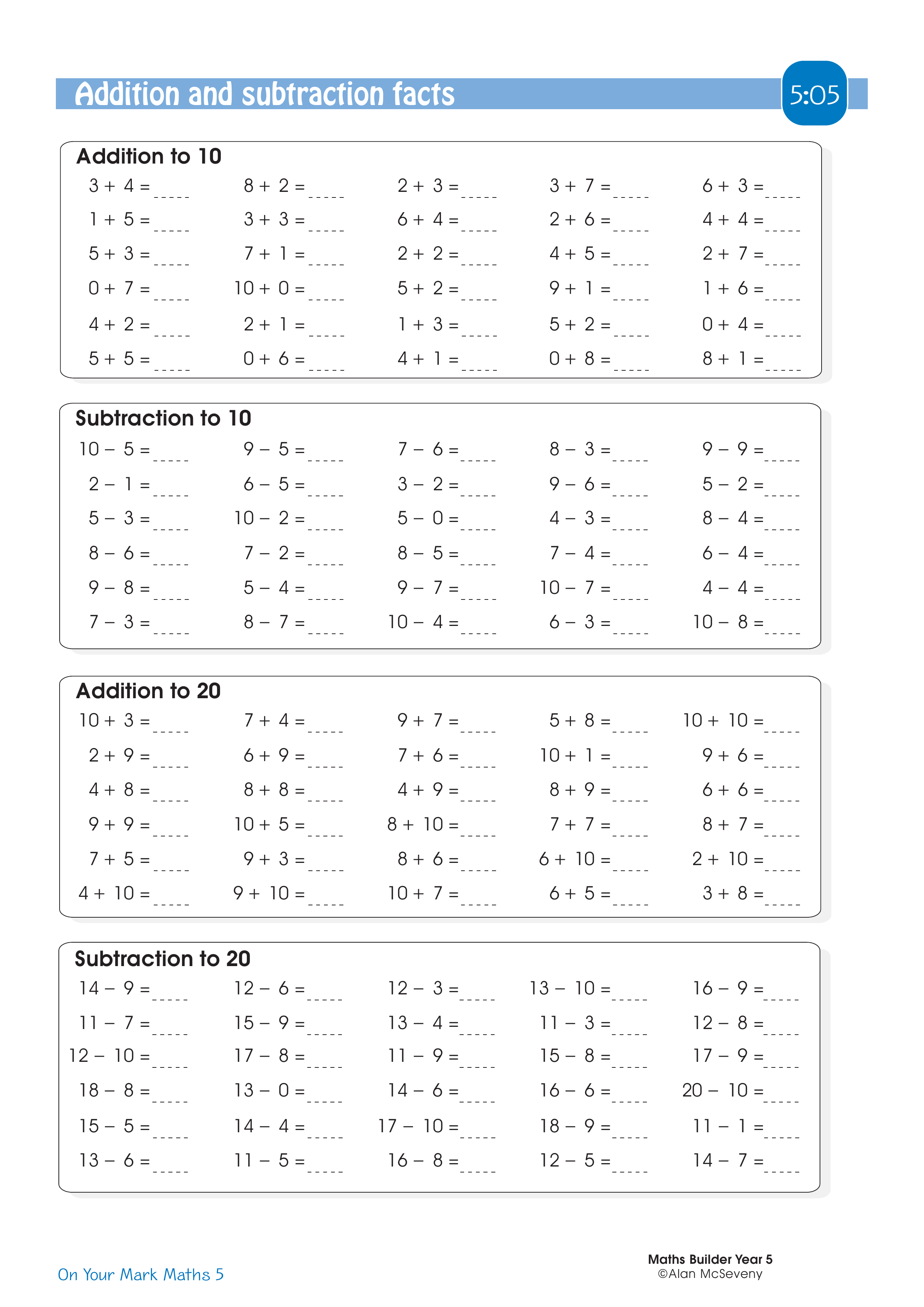 Addition and subtraction facts — worksheet preview