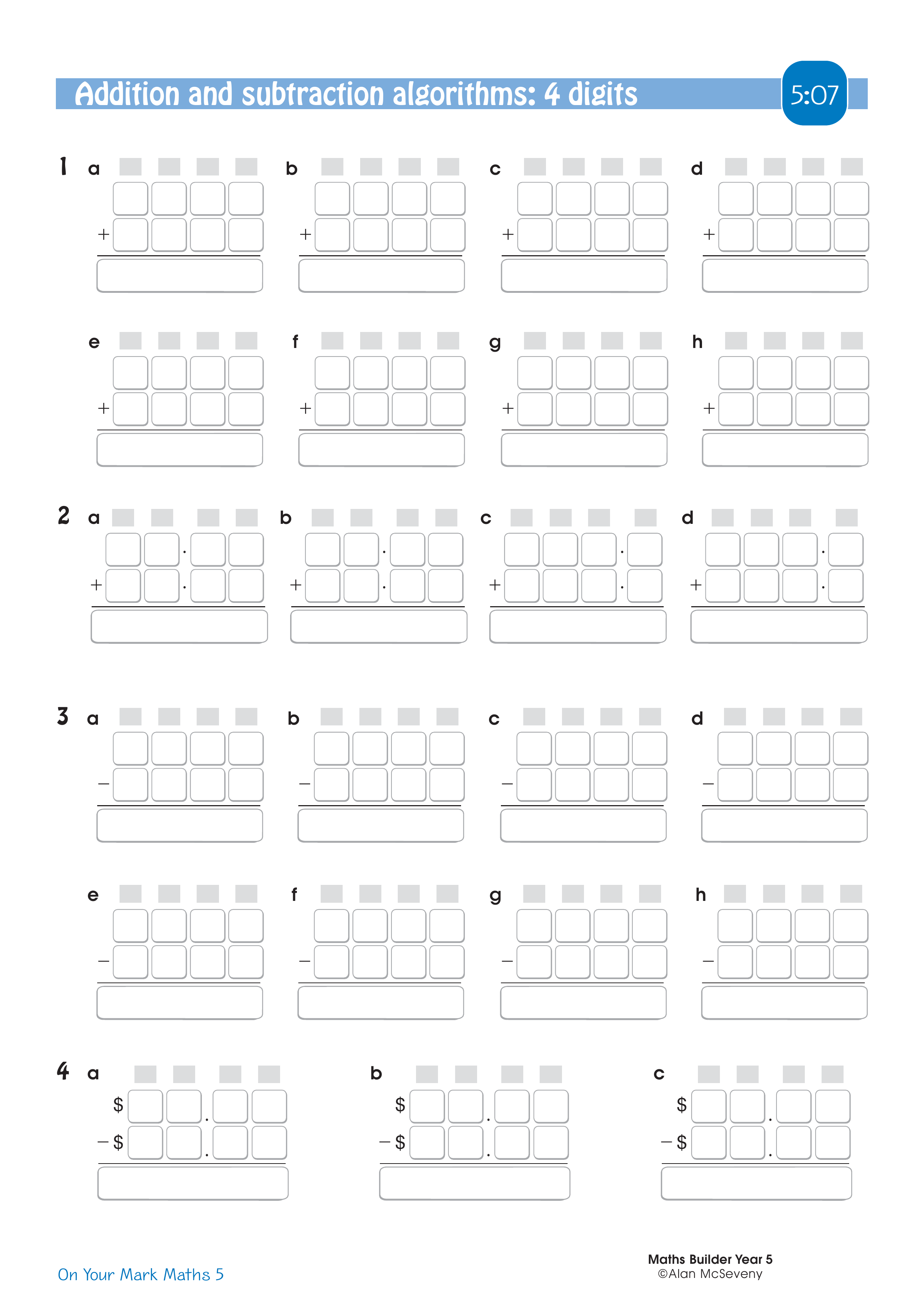 Addition and subtraction algorithms: 4 digits — worksheet preview