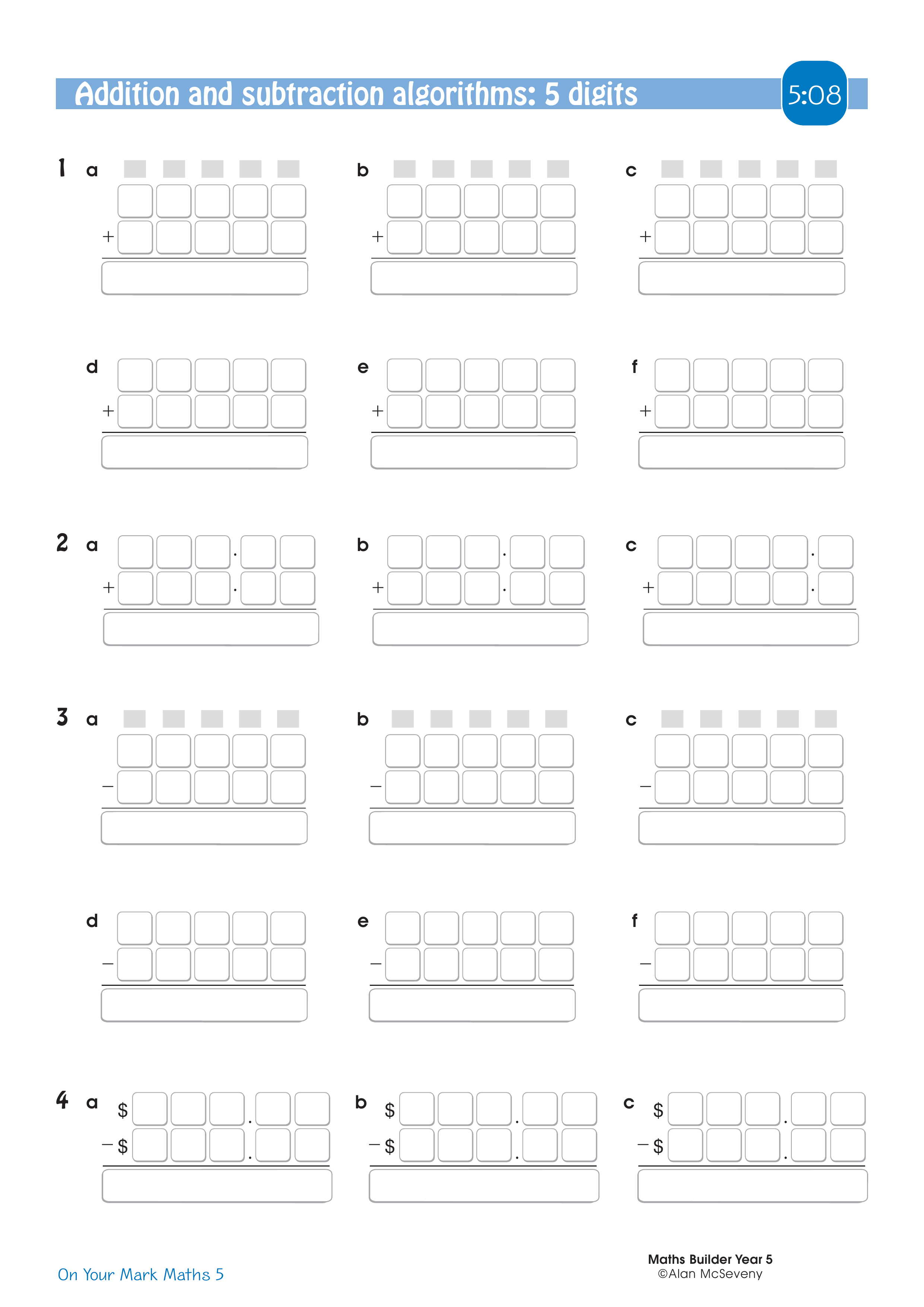 Addition and subtraction algorithms: 5 digits — worksheet preview