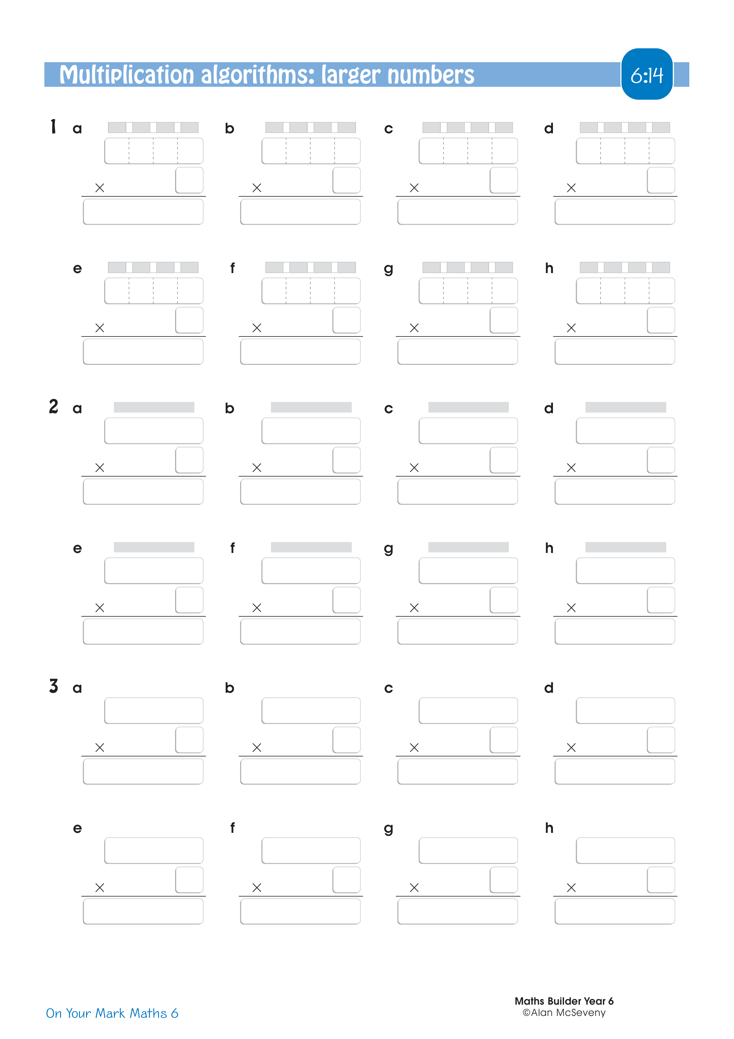 Multiplication algorithms: larger numbers — worksheet preview