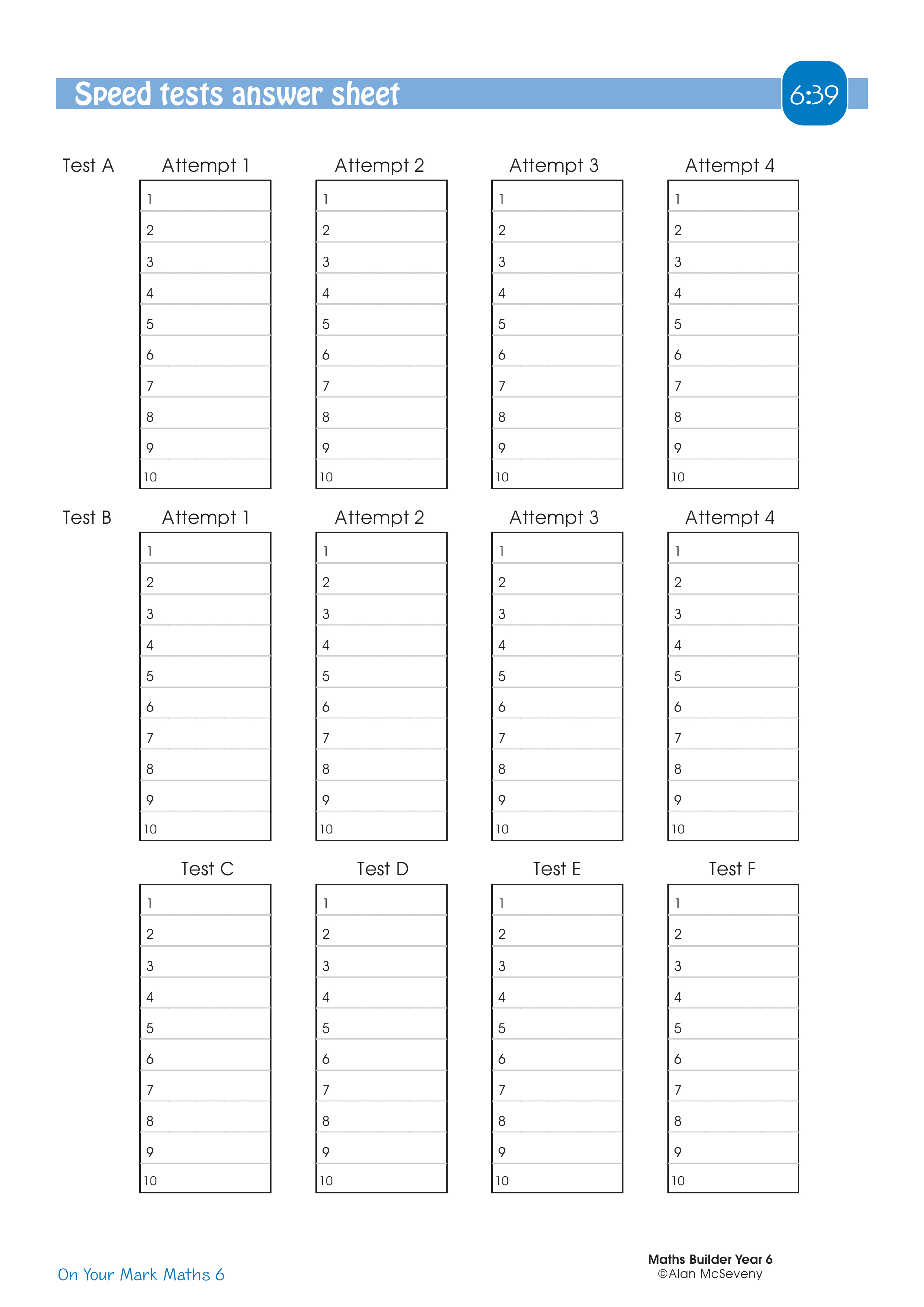 Speed tests answer sheet — worksheet preview