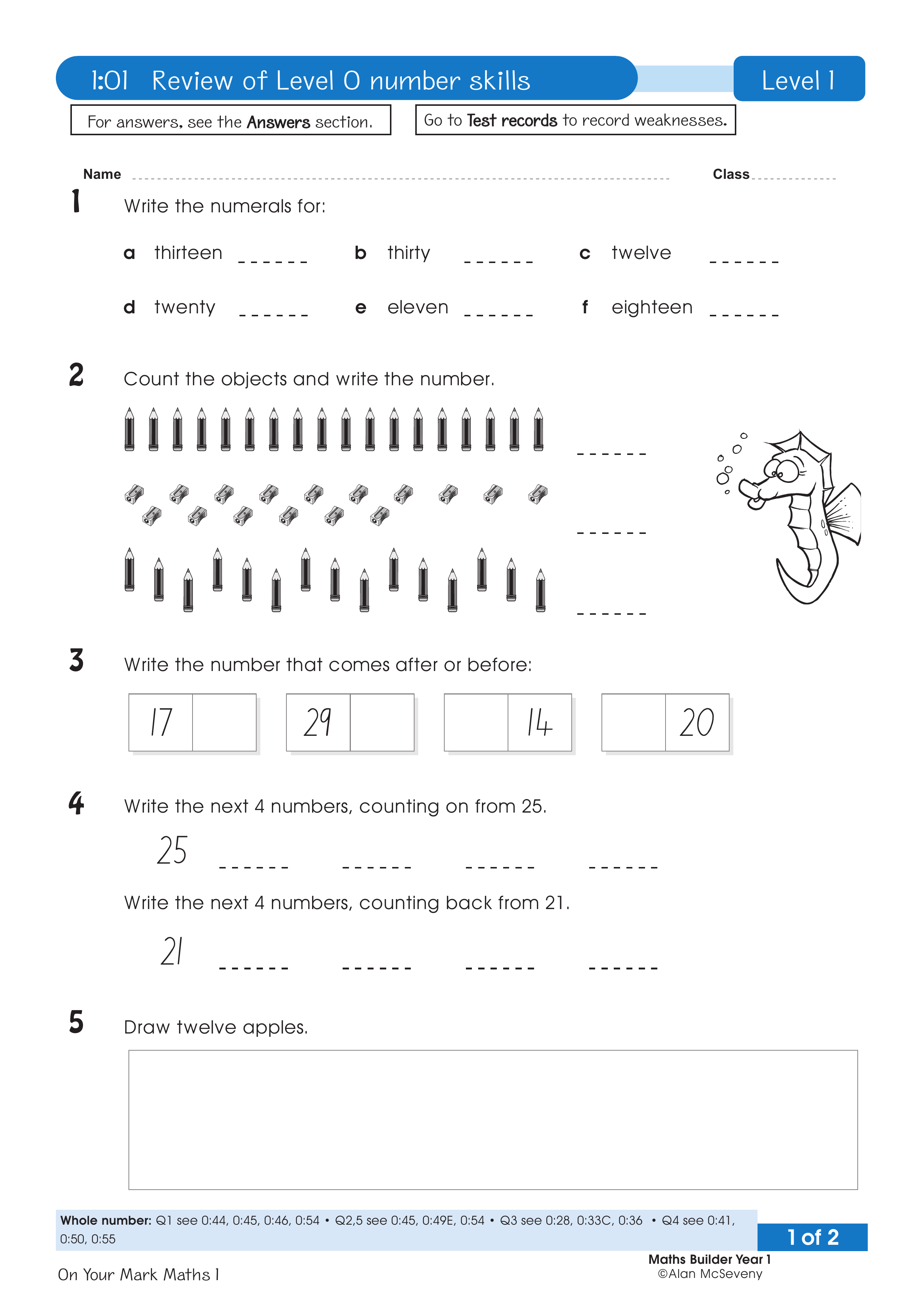 Test: Level 0 number skills — worksheet preview