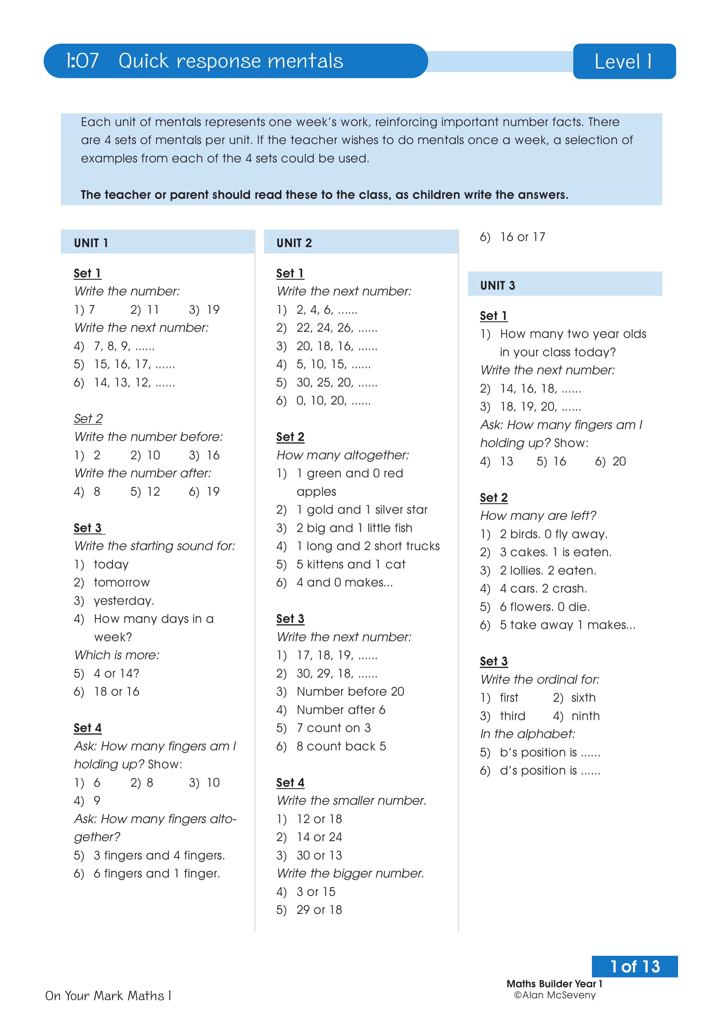 Quick response mentals — worksheet preview