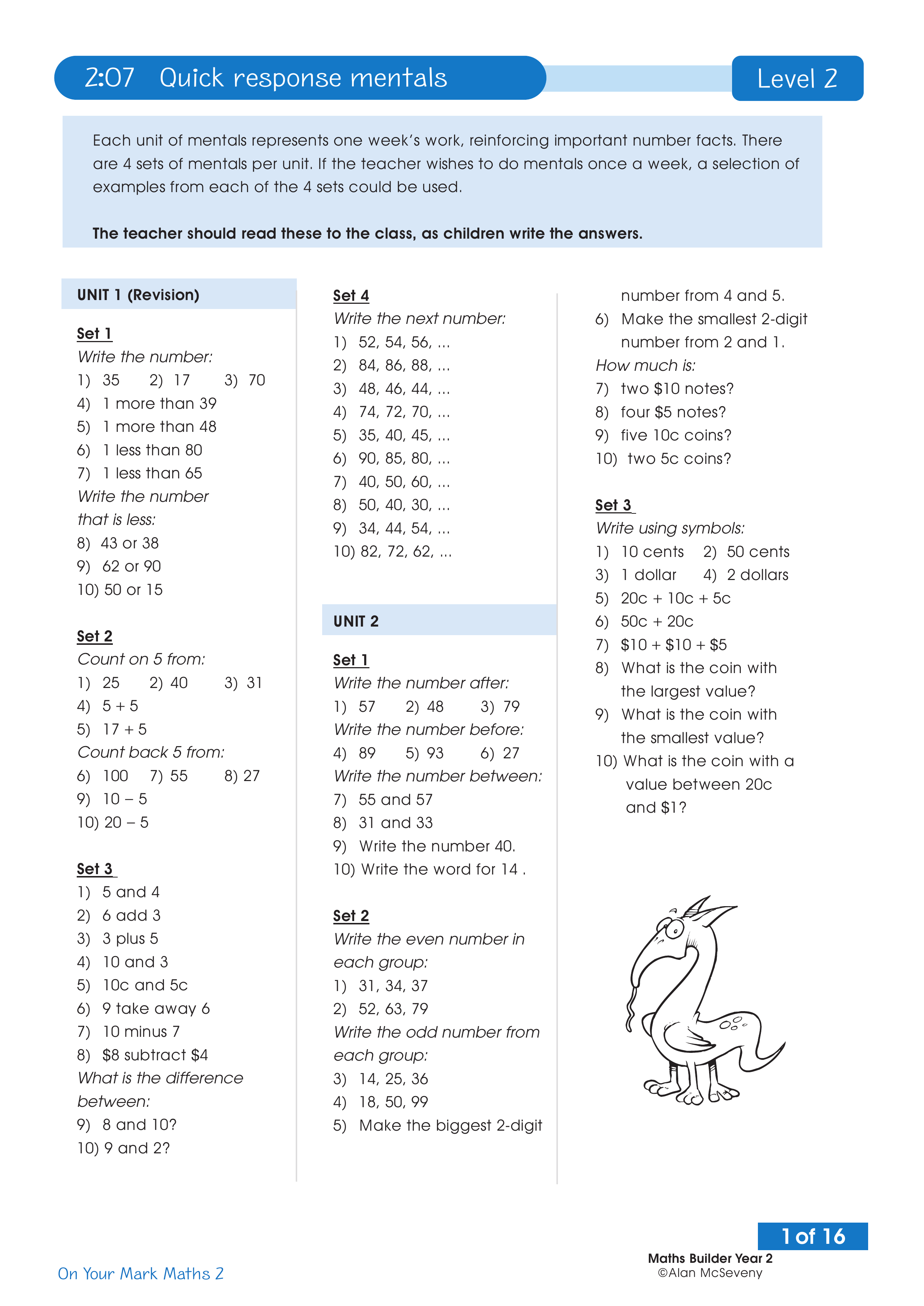Quick response mentals — worksheet preview
