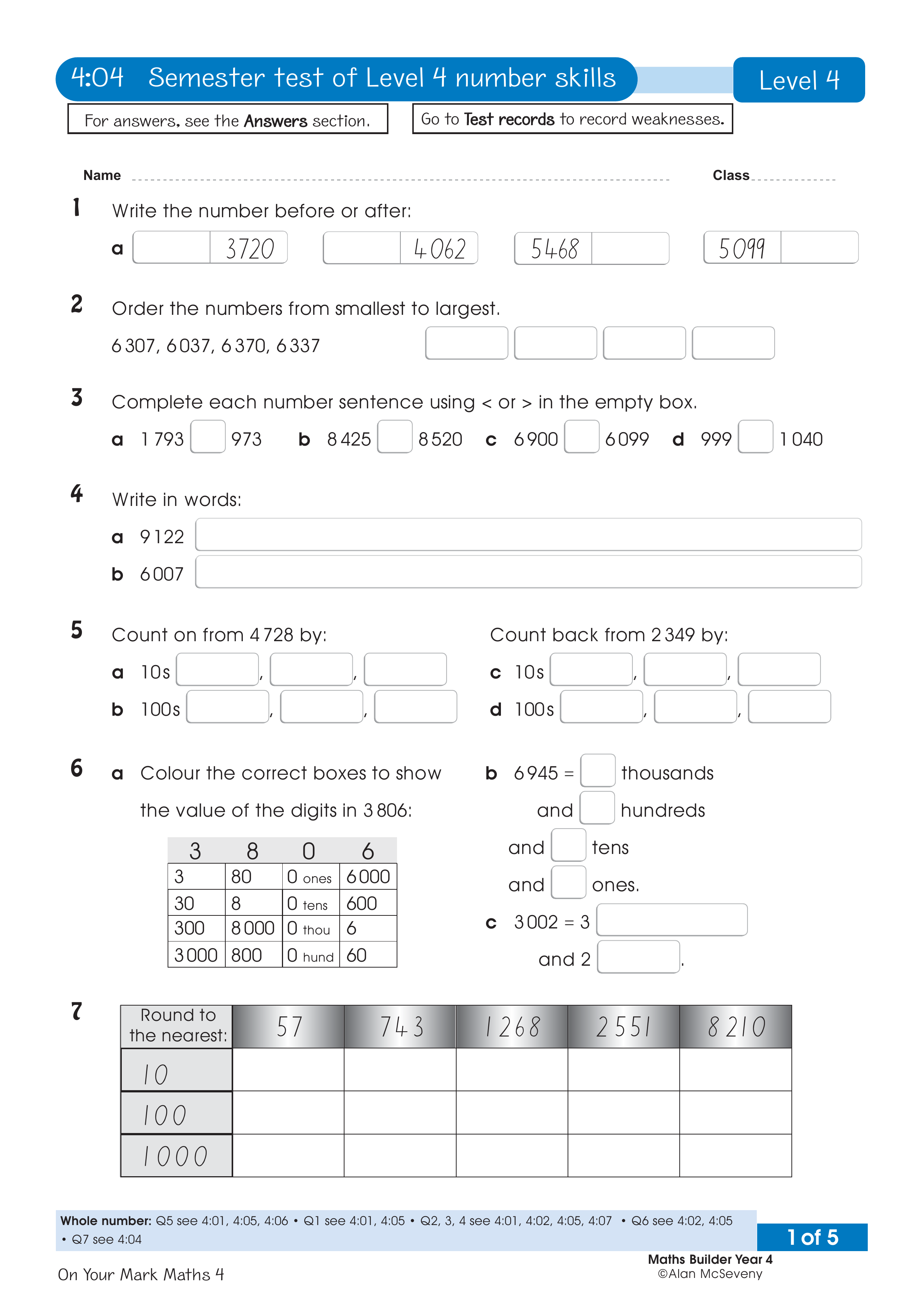 Test: Semester 1 number skills — worksheet preview