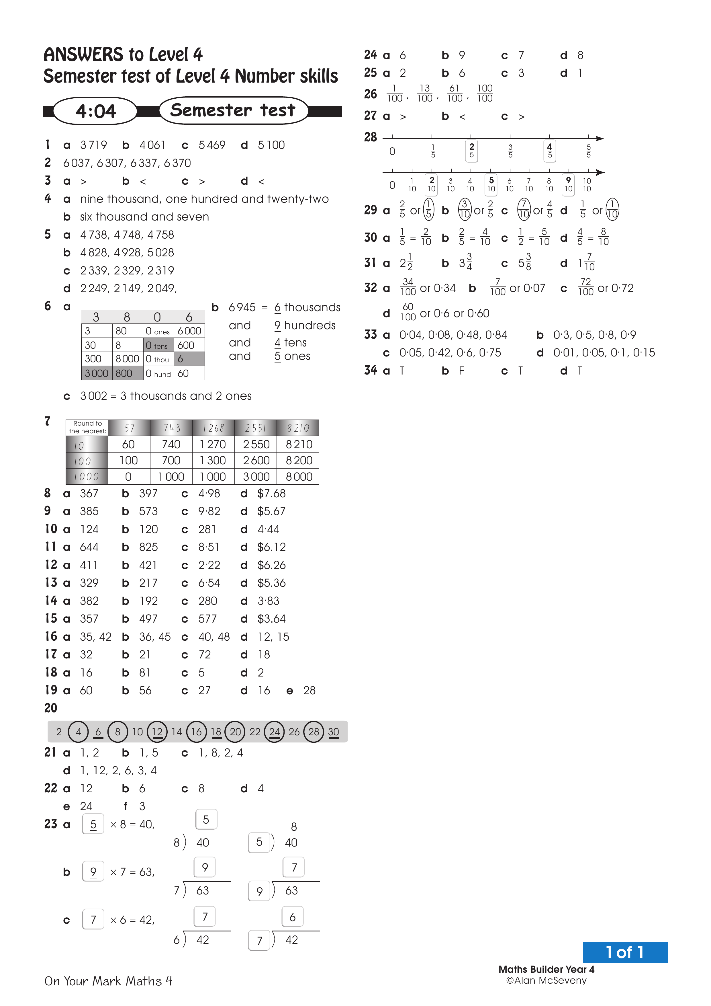 Answers: Semester number skills — worksheet preview