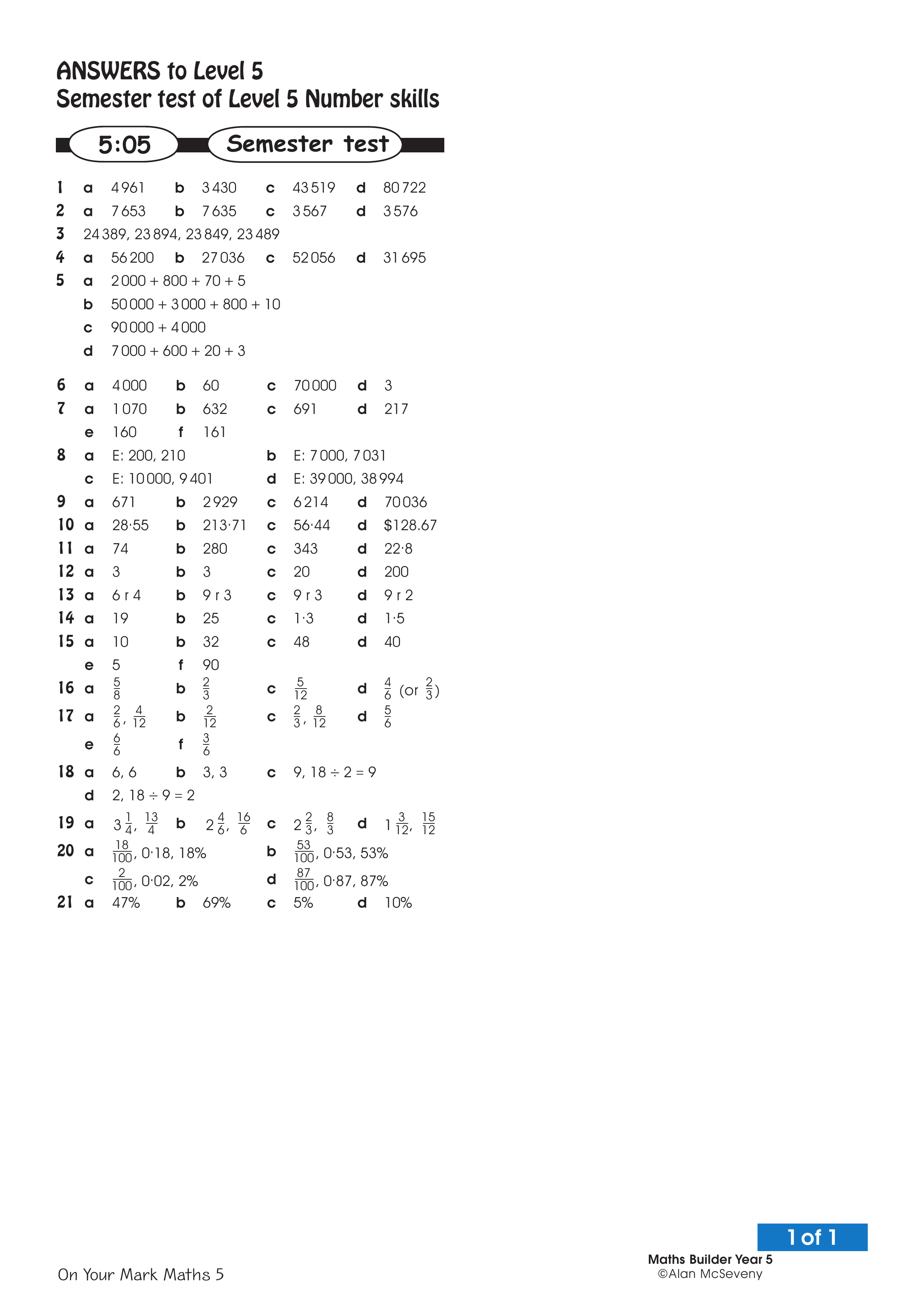 Answers: Semester number skills — worksheet preview