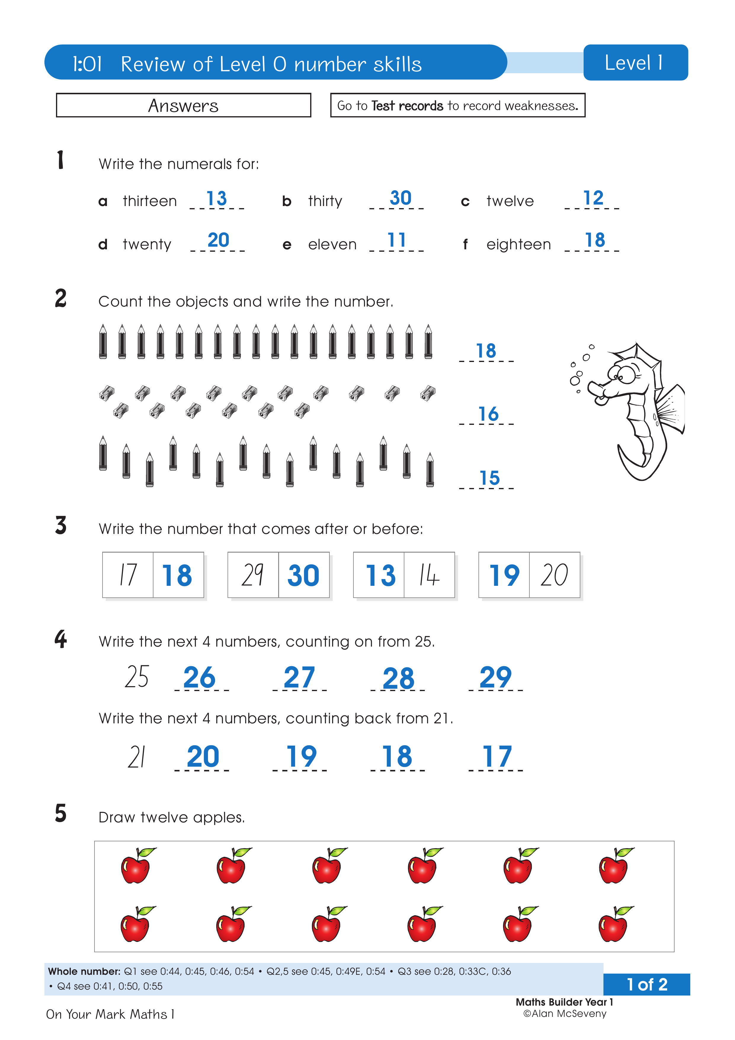 Answers: Level 0 number skills — worksheet preview