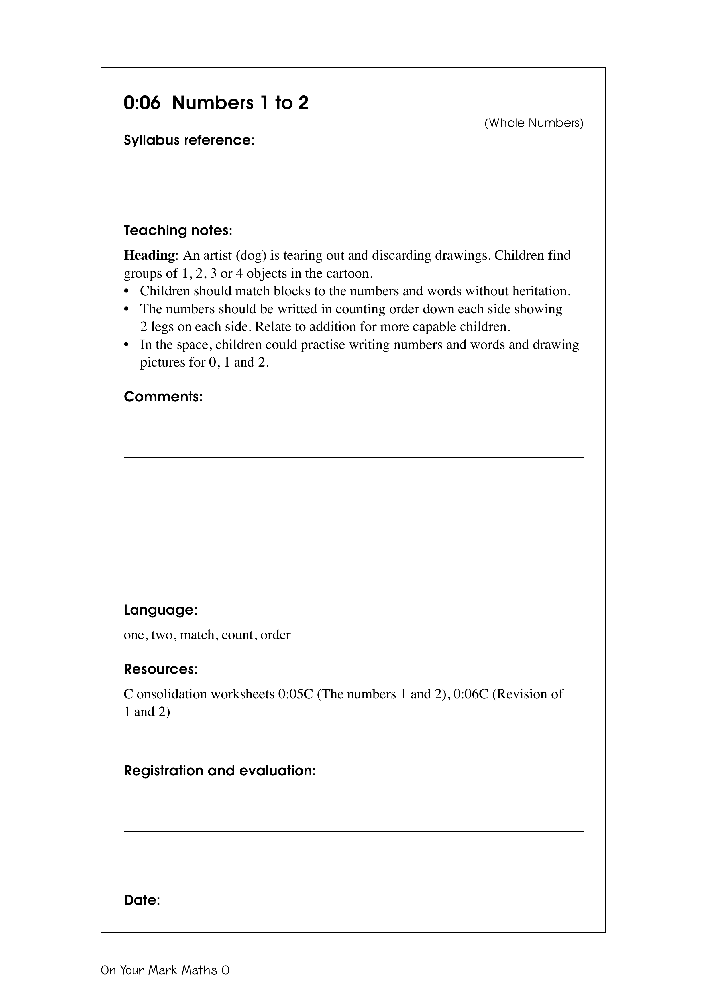 Numbers 1 to 2 — worksheet preview