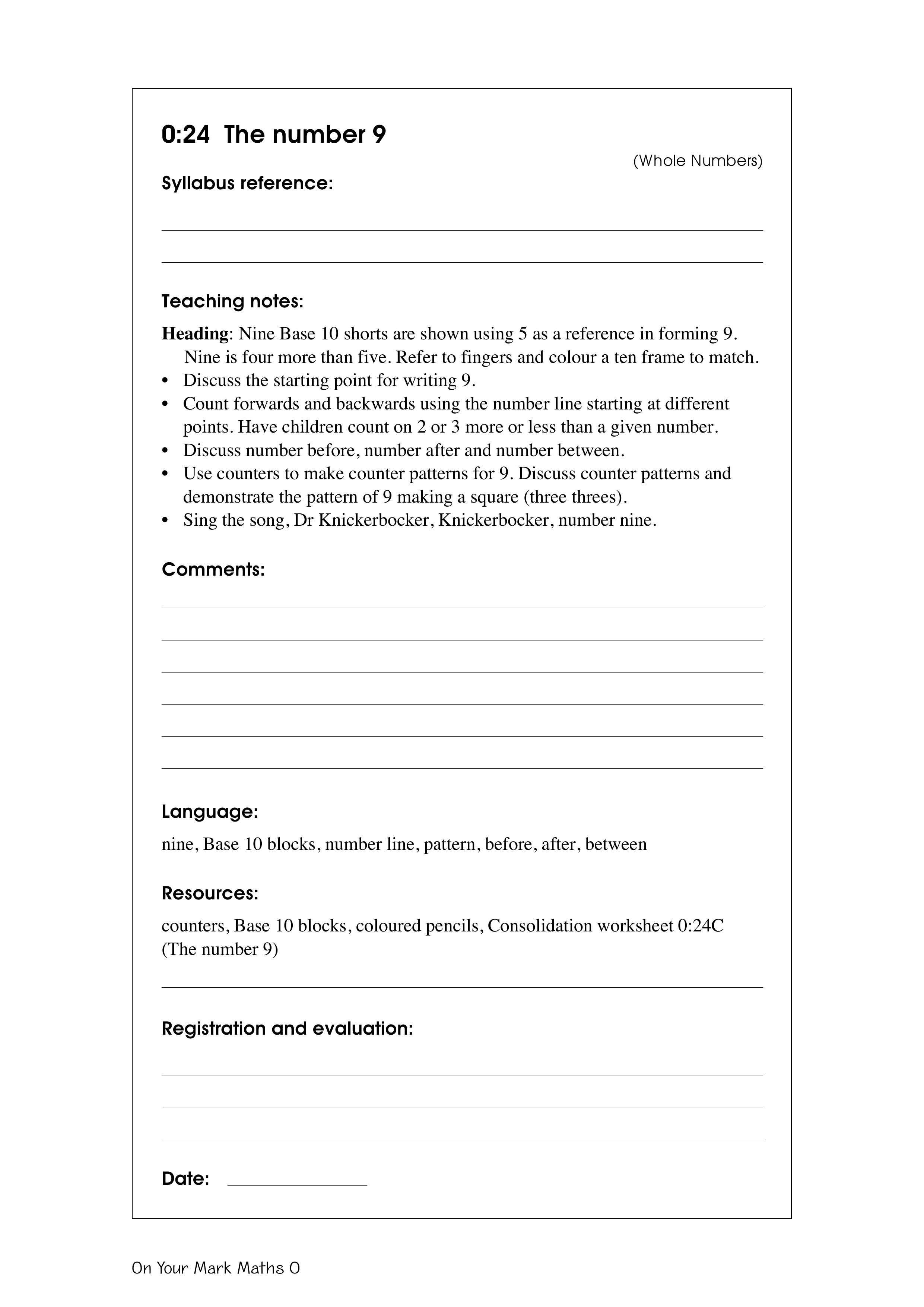 The number 9 — worksheet preview