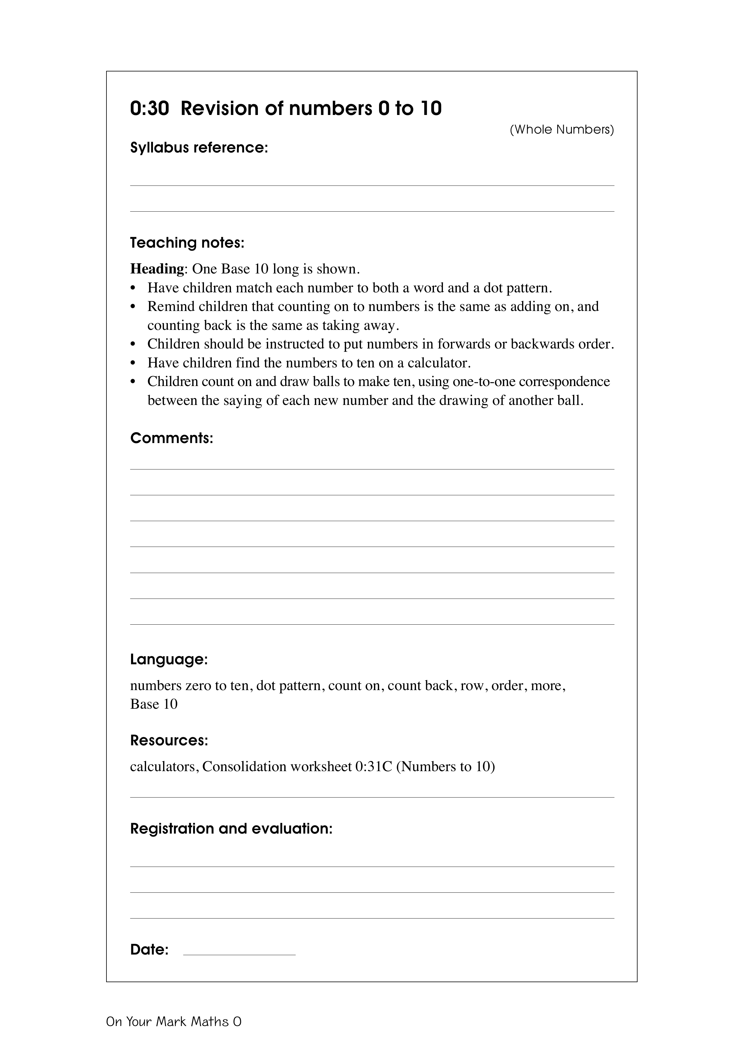 Revisions of numbers 0 to 10 — worksheet preview