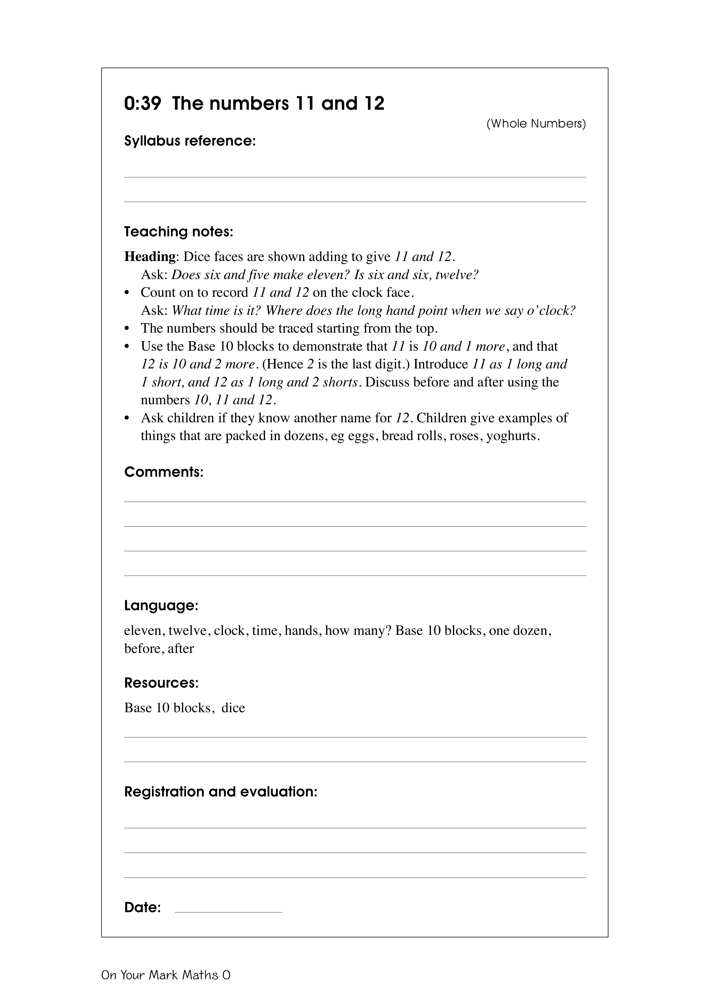 The numbers 11 and 12 — worksheet preview